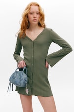 Dark Khaki Green - Long-Sleeved V-neck Mini Dress - 2