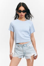 Light Blue - Cropped Fitted Cotton T-Shirt - 1