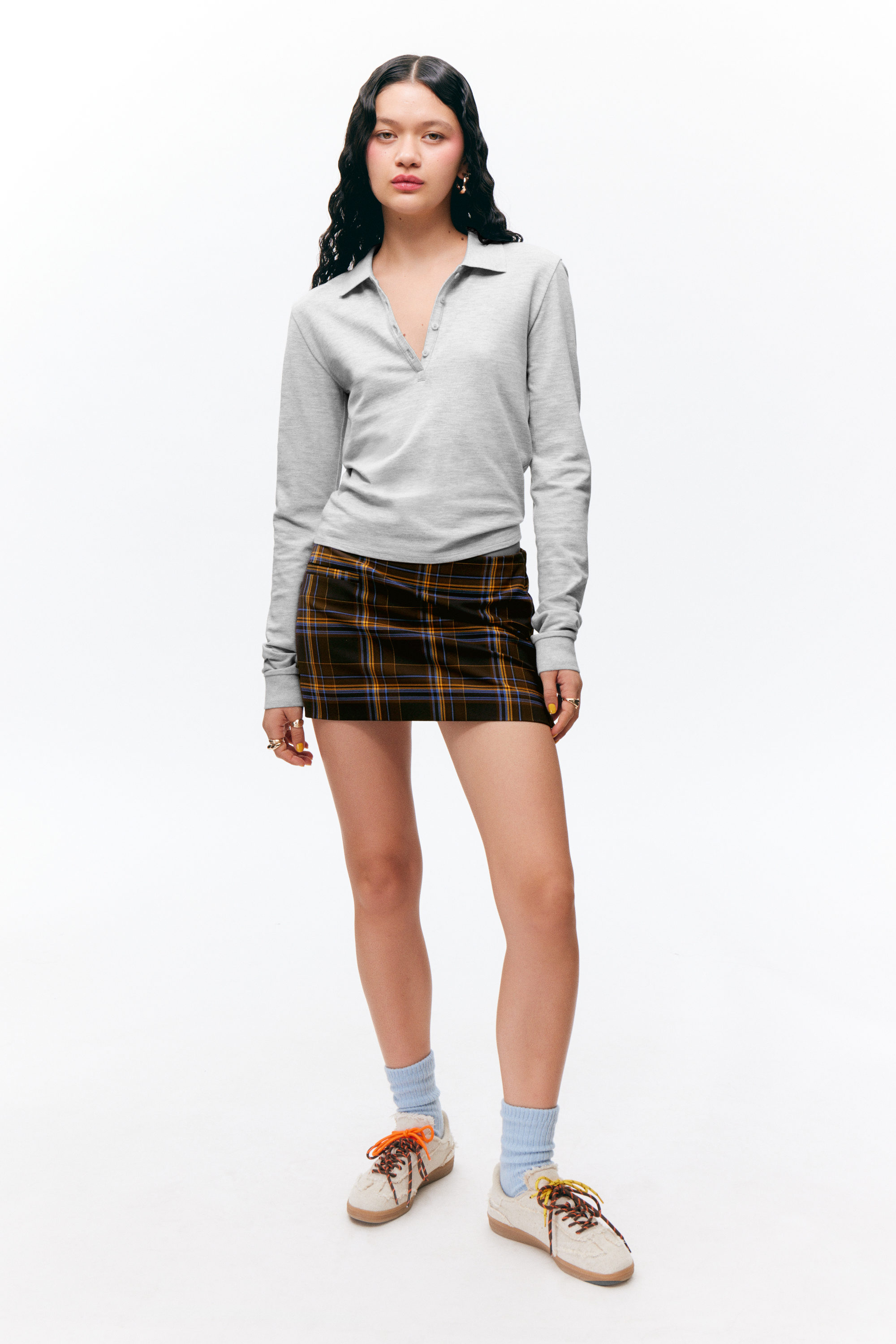 Light Grey Melange - Long-Sleeved Polo Top - 1
