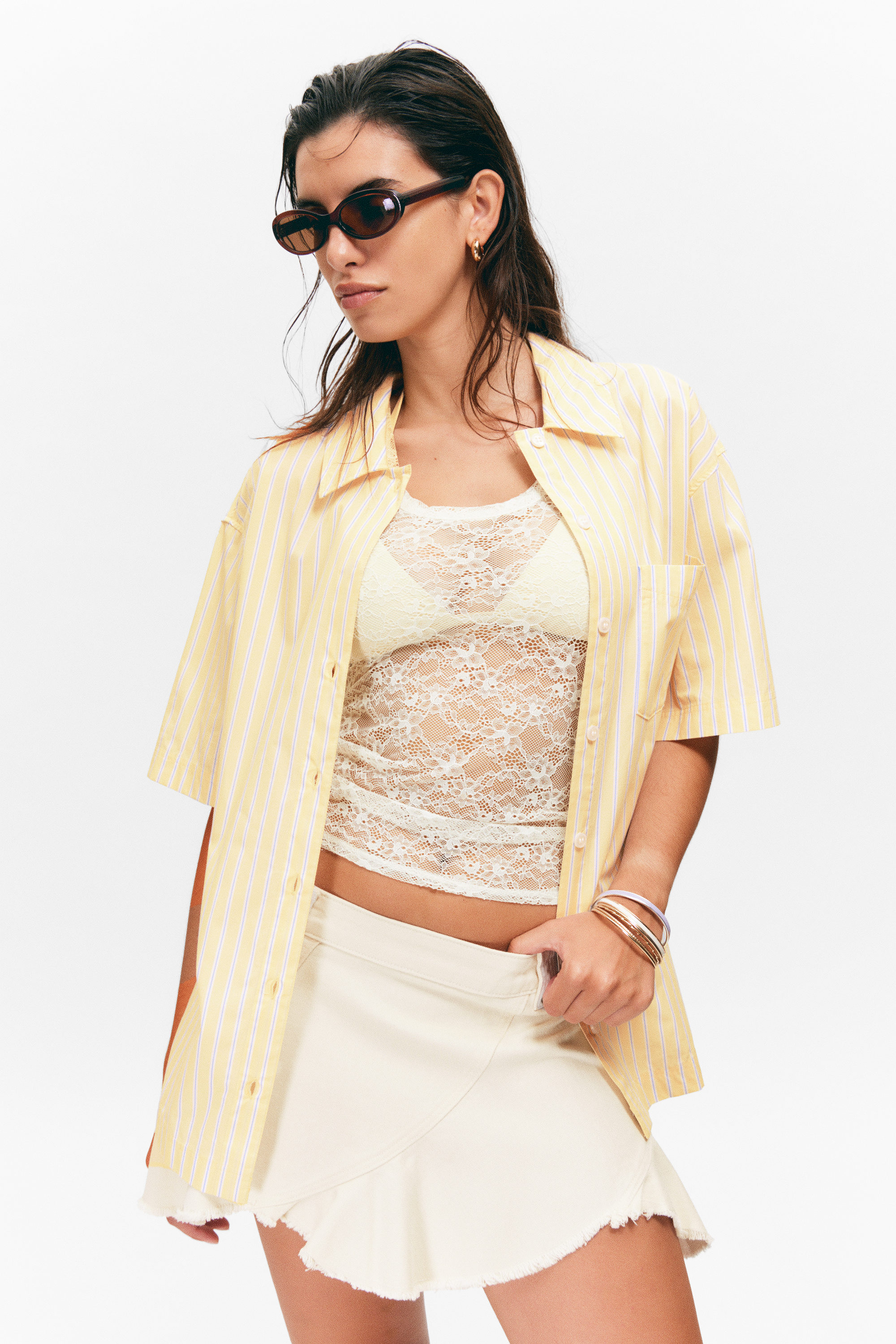 Striped Light Yellow - Oversized Short-Sleeved Cotton Poplin Shirt - 1