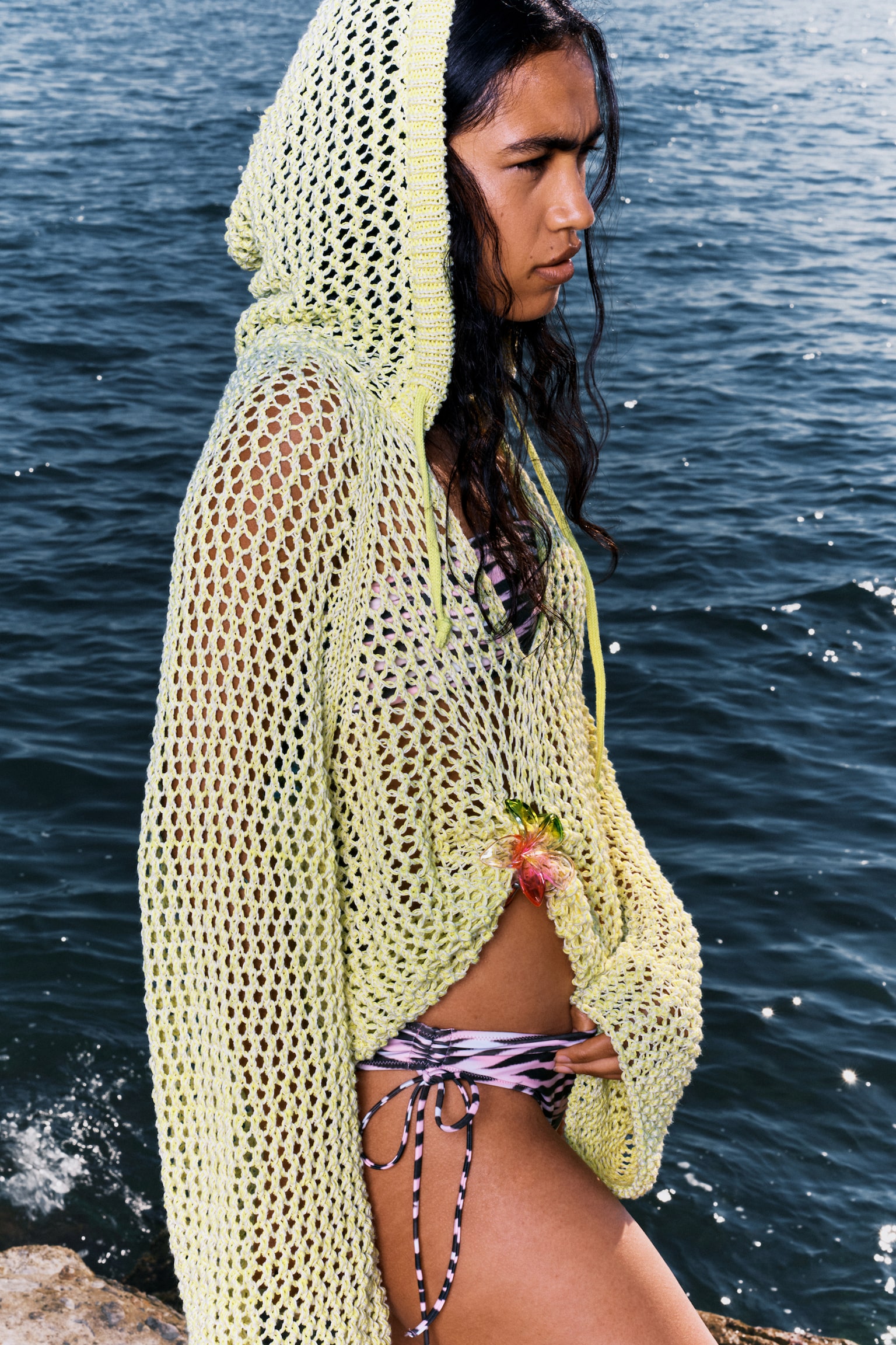 Open-knit Hooded Sweater - Light Yellow/Light Khaki Green