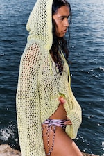 Light Yellow - Open-knit Hooded Sweater - 0