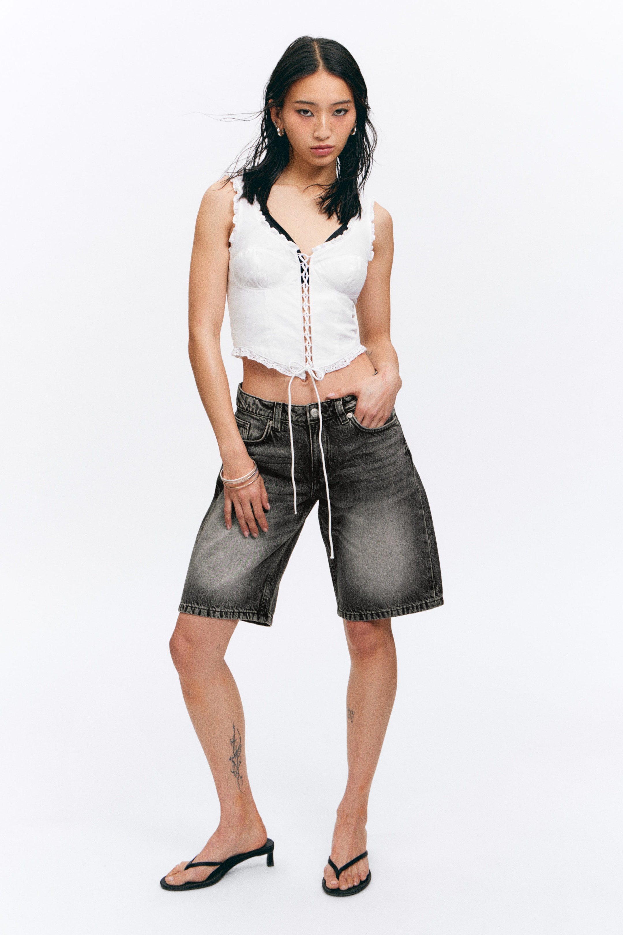 Haunted Black - Black - Imoo Low-Rise Wide Leg Denim Shorts - 1