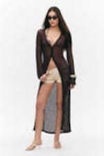 Dark Brown - Open-Knit V-neck Maxi Cardigan - 0
