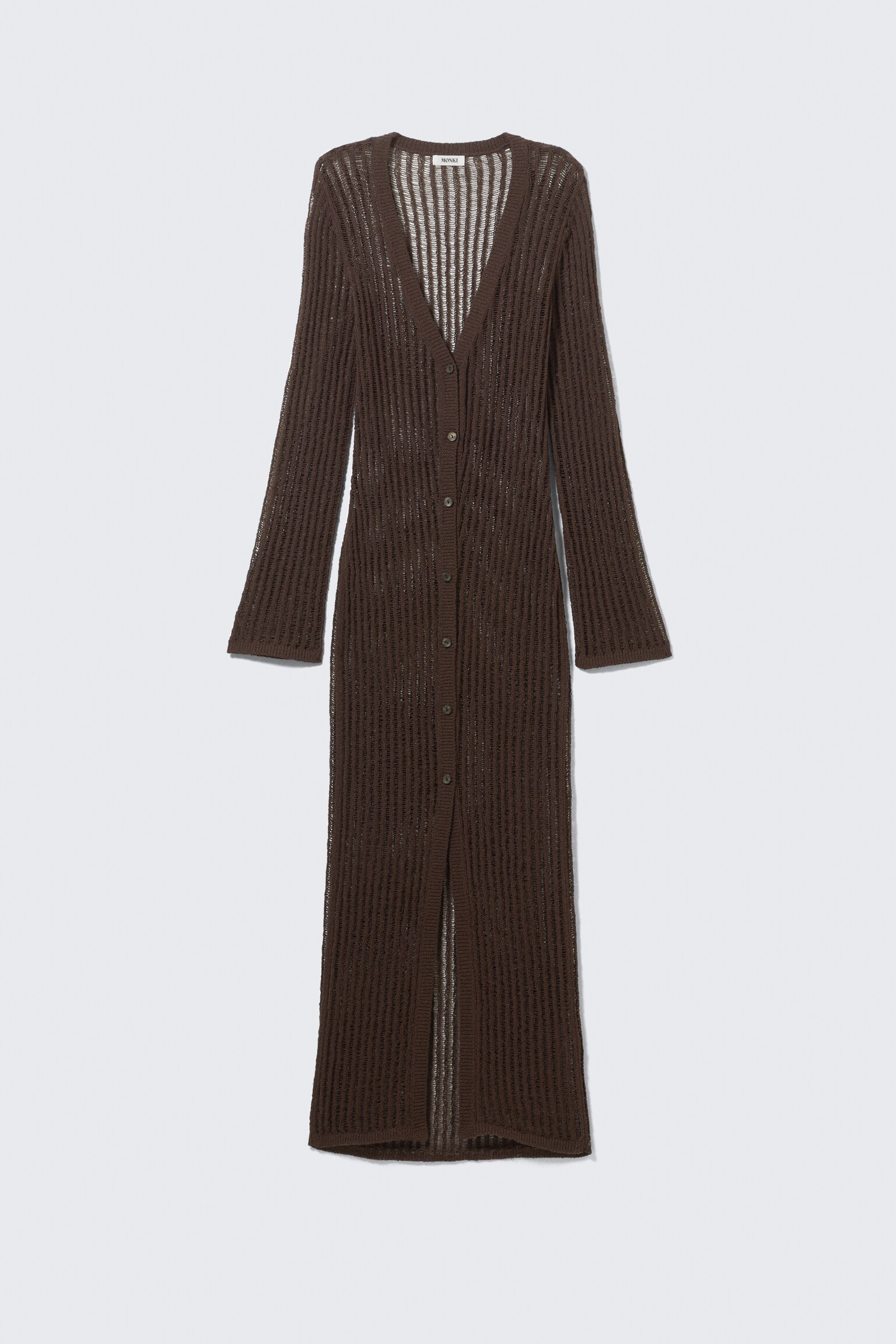 Hulstrikket maxi-cardigan med V-hals - Mørkebrun/Hvid - 2