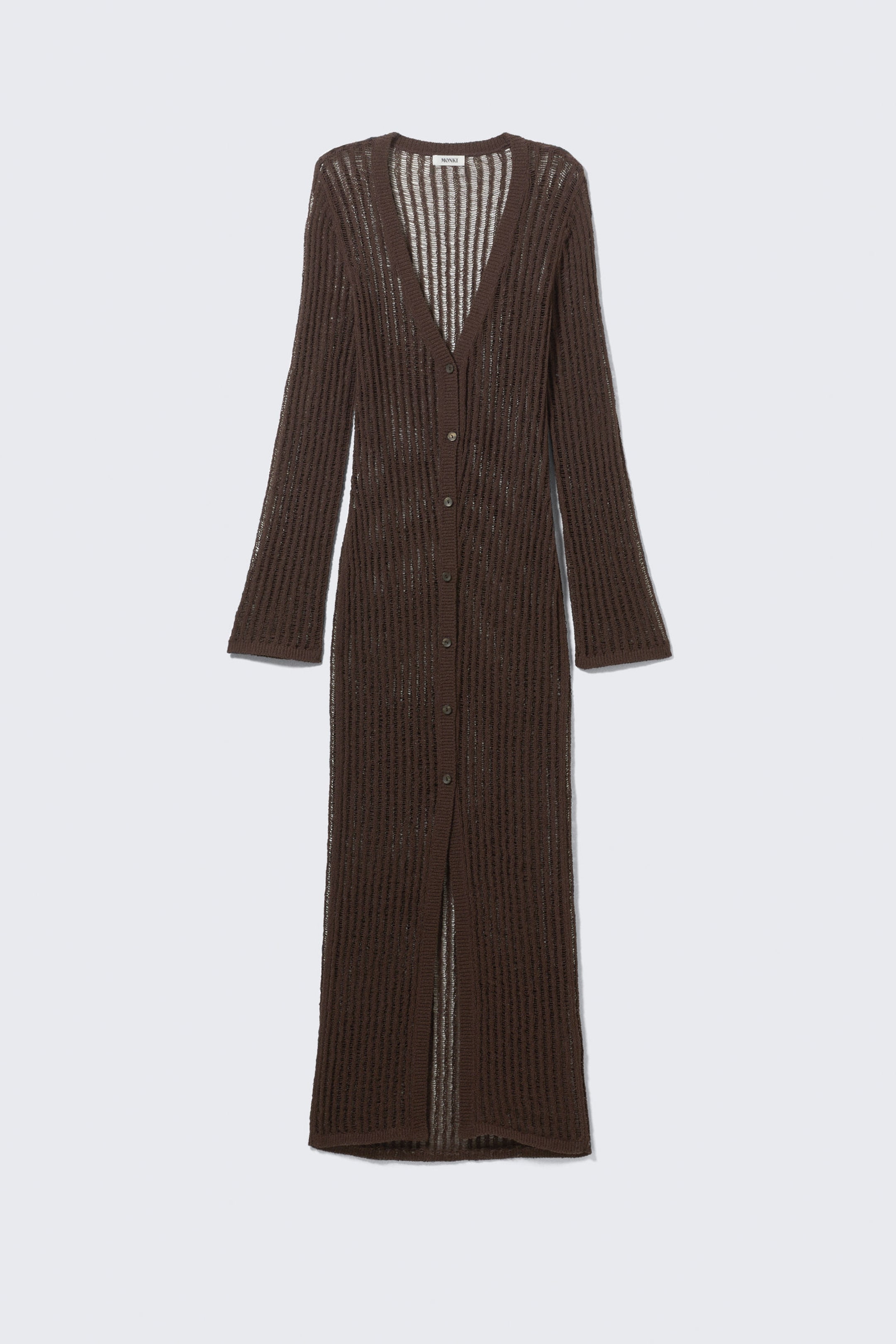 Dark Brown - Open-Knit V-neck Maxi Cardigan - 4