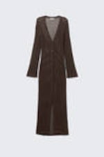 Dark Brown - Open-Knit V-neck Maxi Cardigan - 4