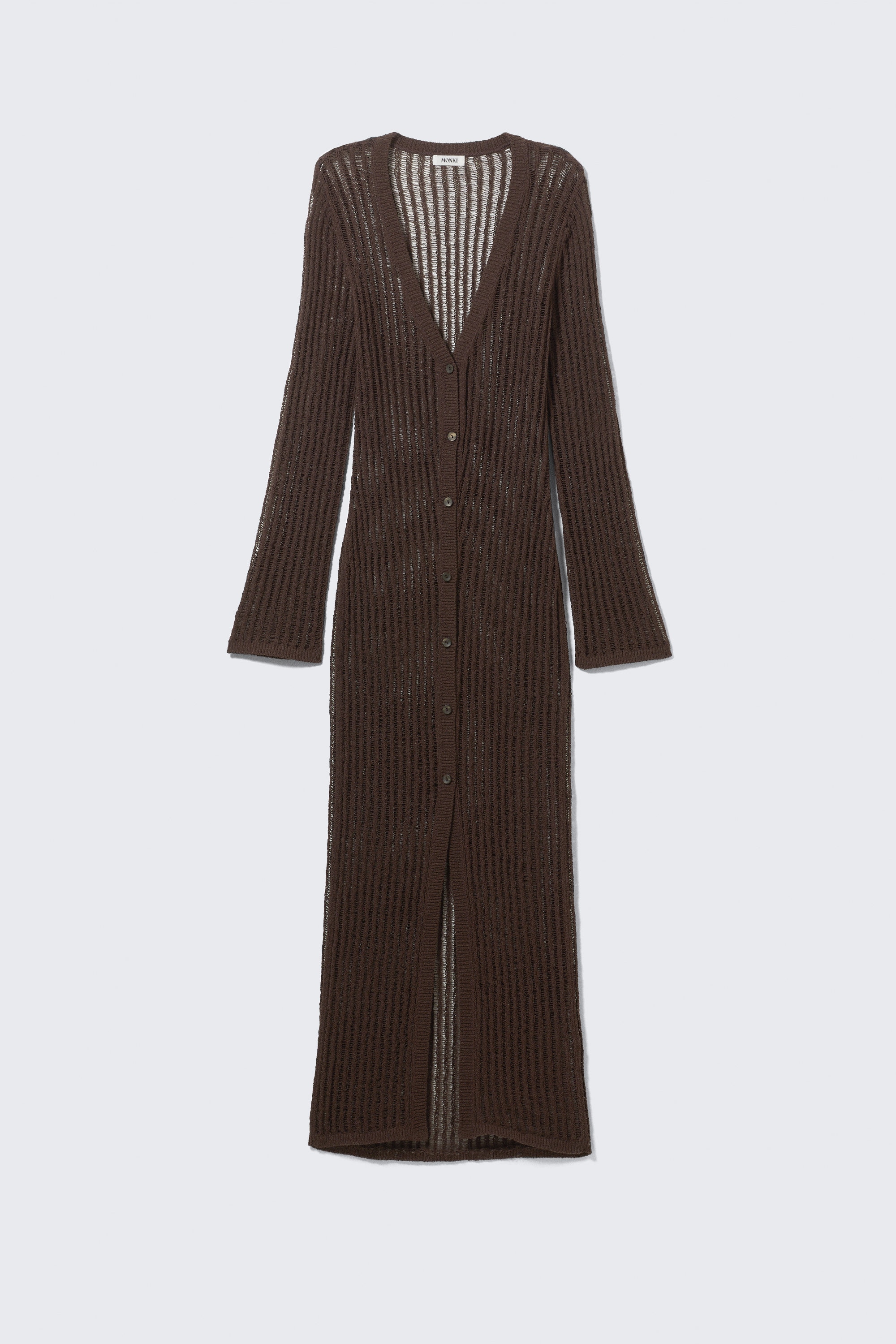 Dark Brown - Open-Knit V-neck Maxi Cardigan - 4