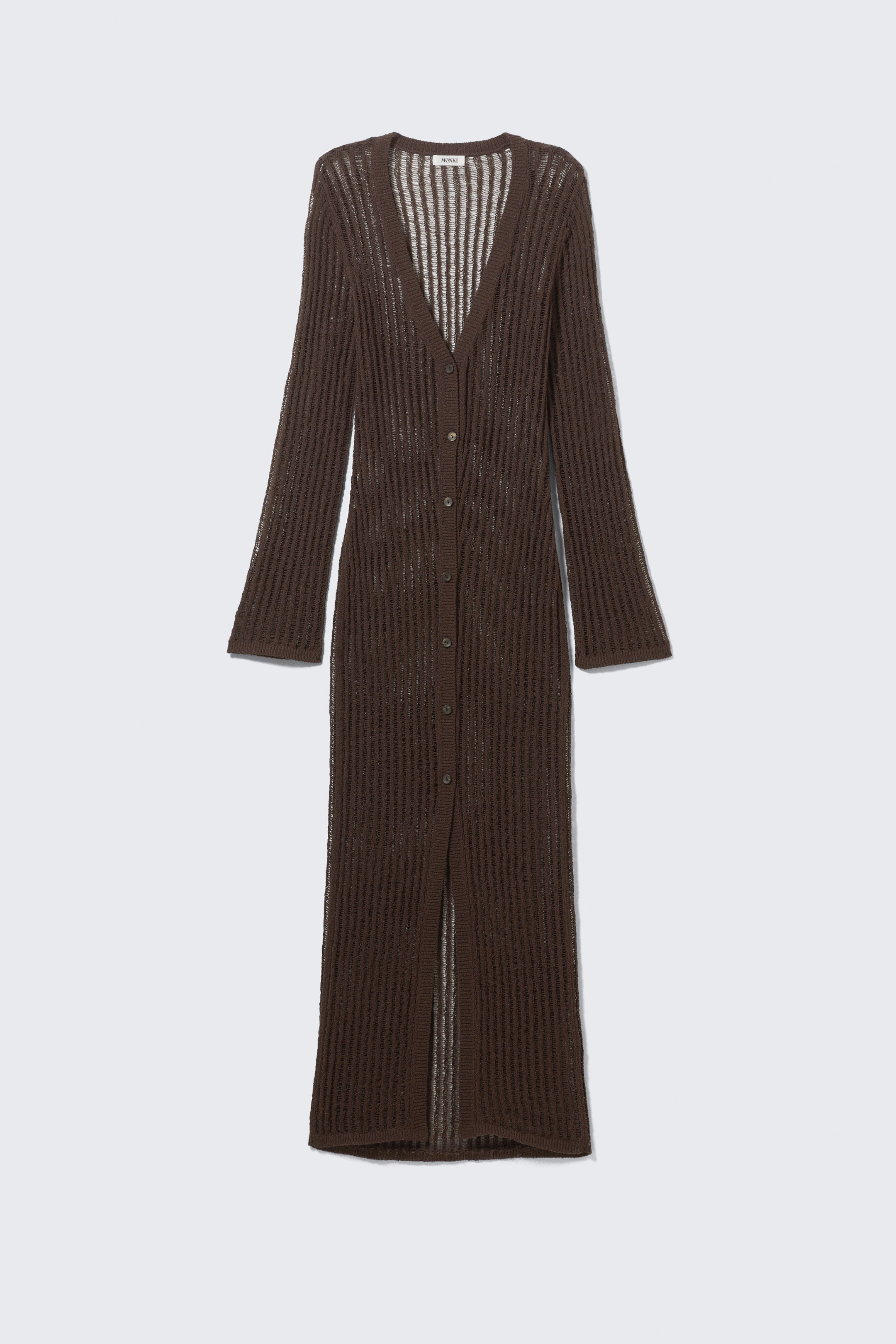 Dark Brown - Open-Knit V-neck Maxi Cardigan - 3