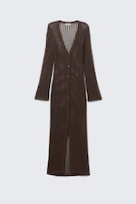 Dark Brown - Open-Knit V-neck Maxi Cardigan - 3