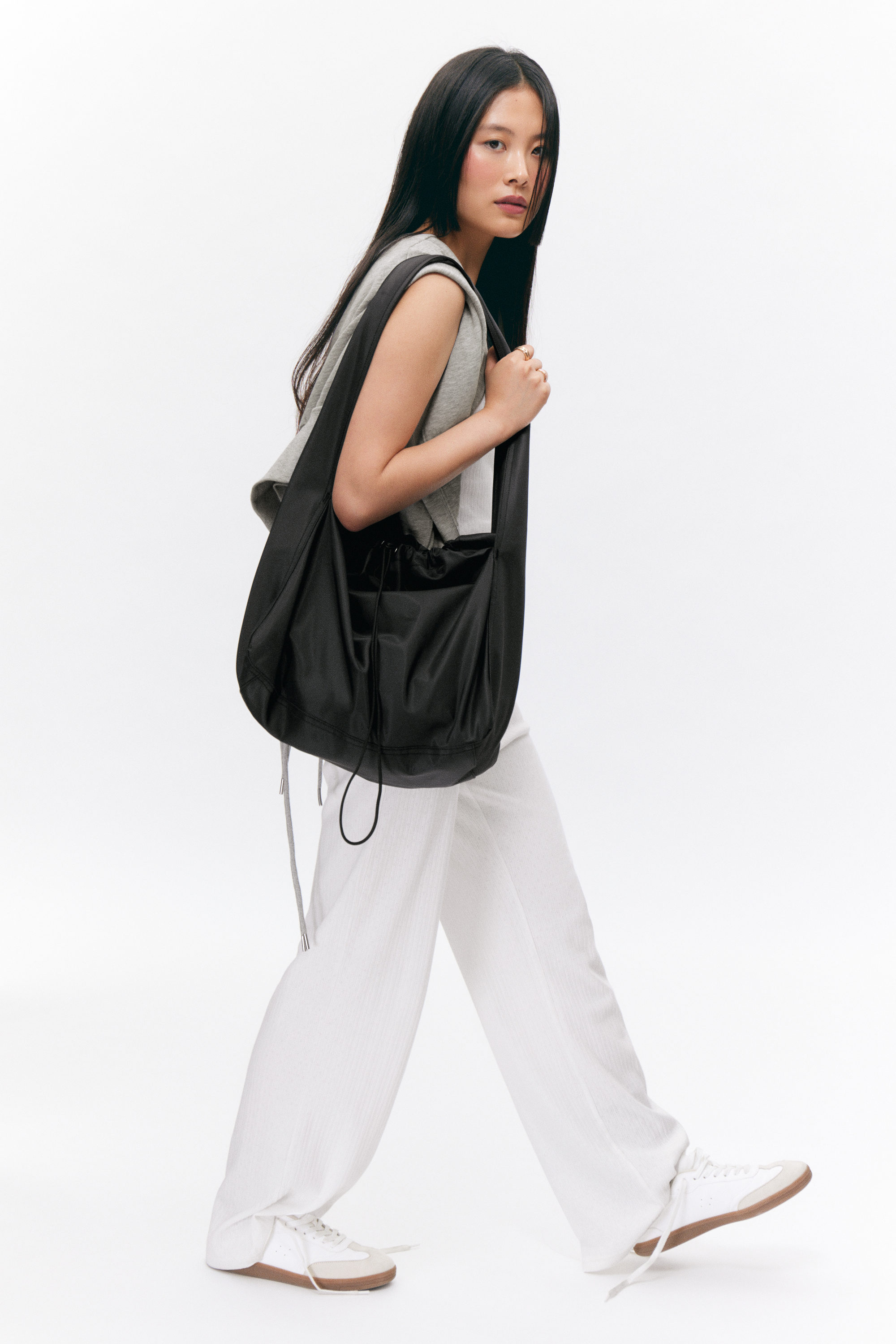 Black - Large Rectangular Drawstring Shoulder Bag - 2