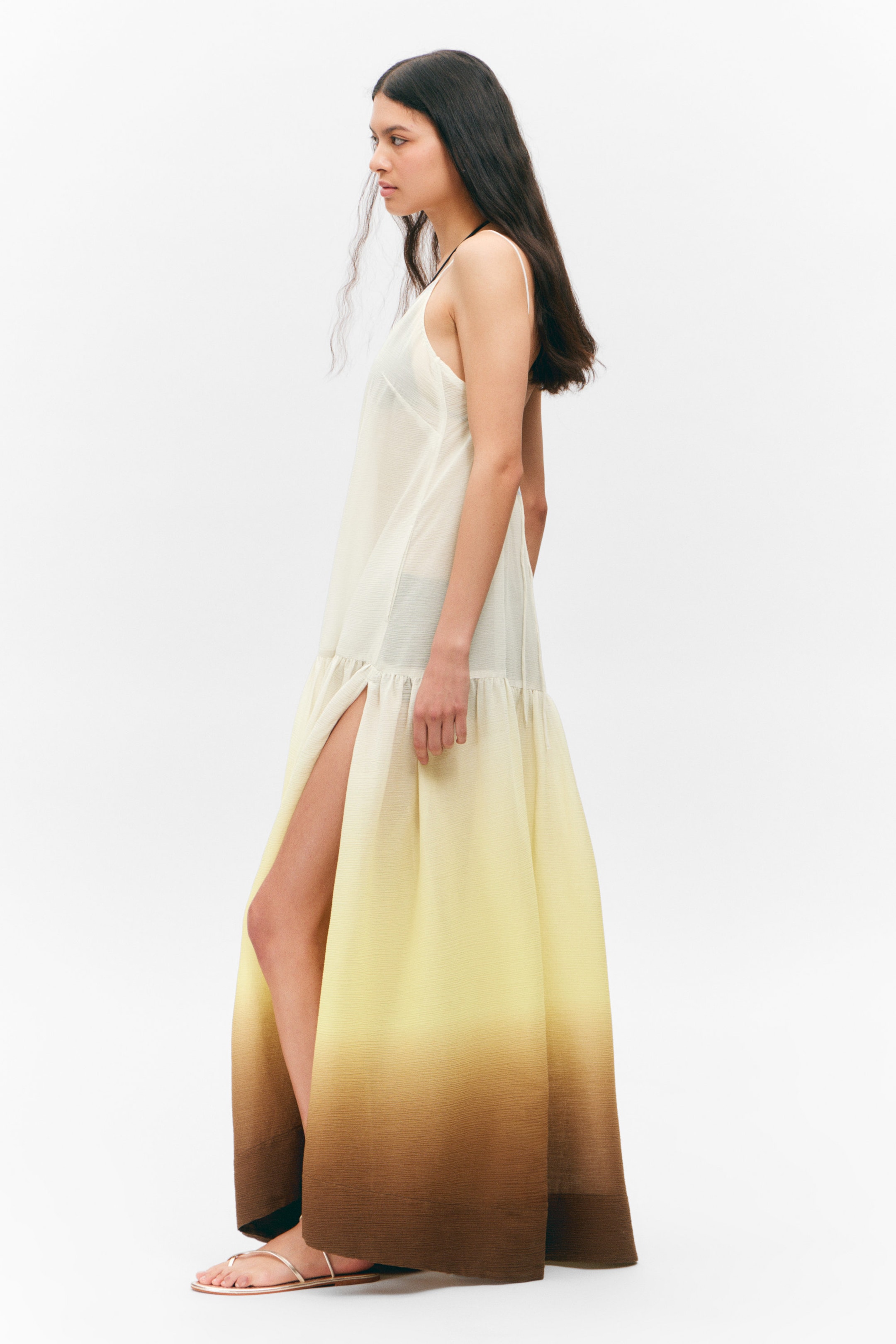 White/Yellow/Brown - Gradient - Tiered Printed Cotton Maxi Dress - 2