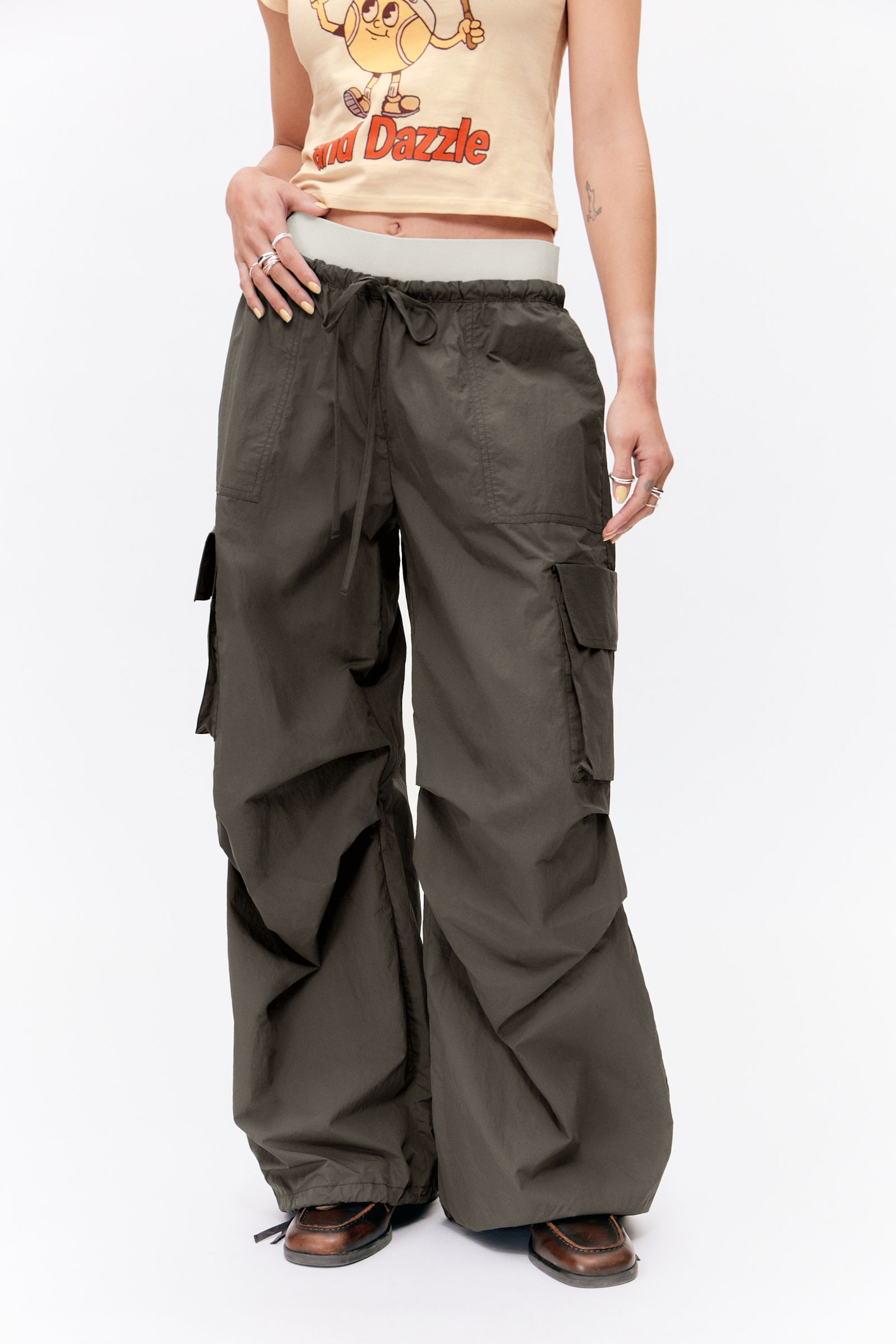 Dark Grey - Loose Nylon Cargo Trousers - 1