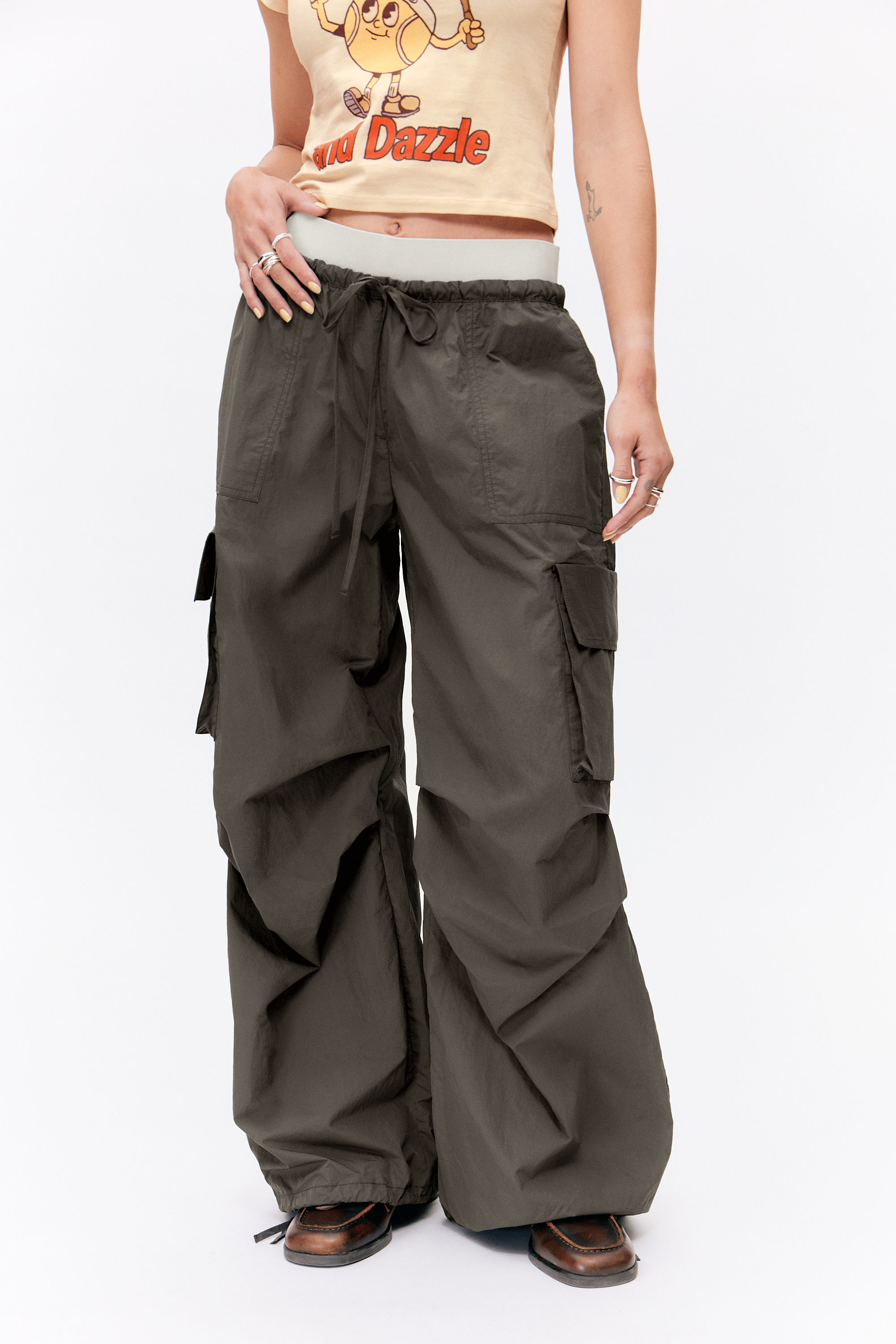 Dark Grey - Loose Nylon Cargo Trousers - 1