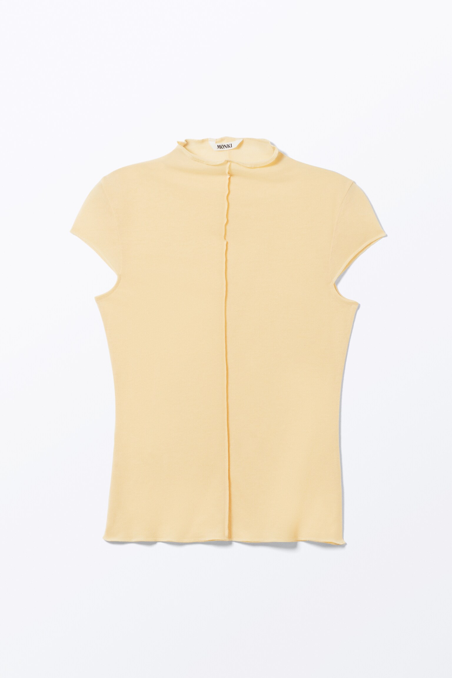 Fitted Cap-Sleeved Mock-Turtleneck T-shirt - Light Yellow - 2