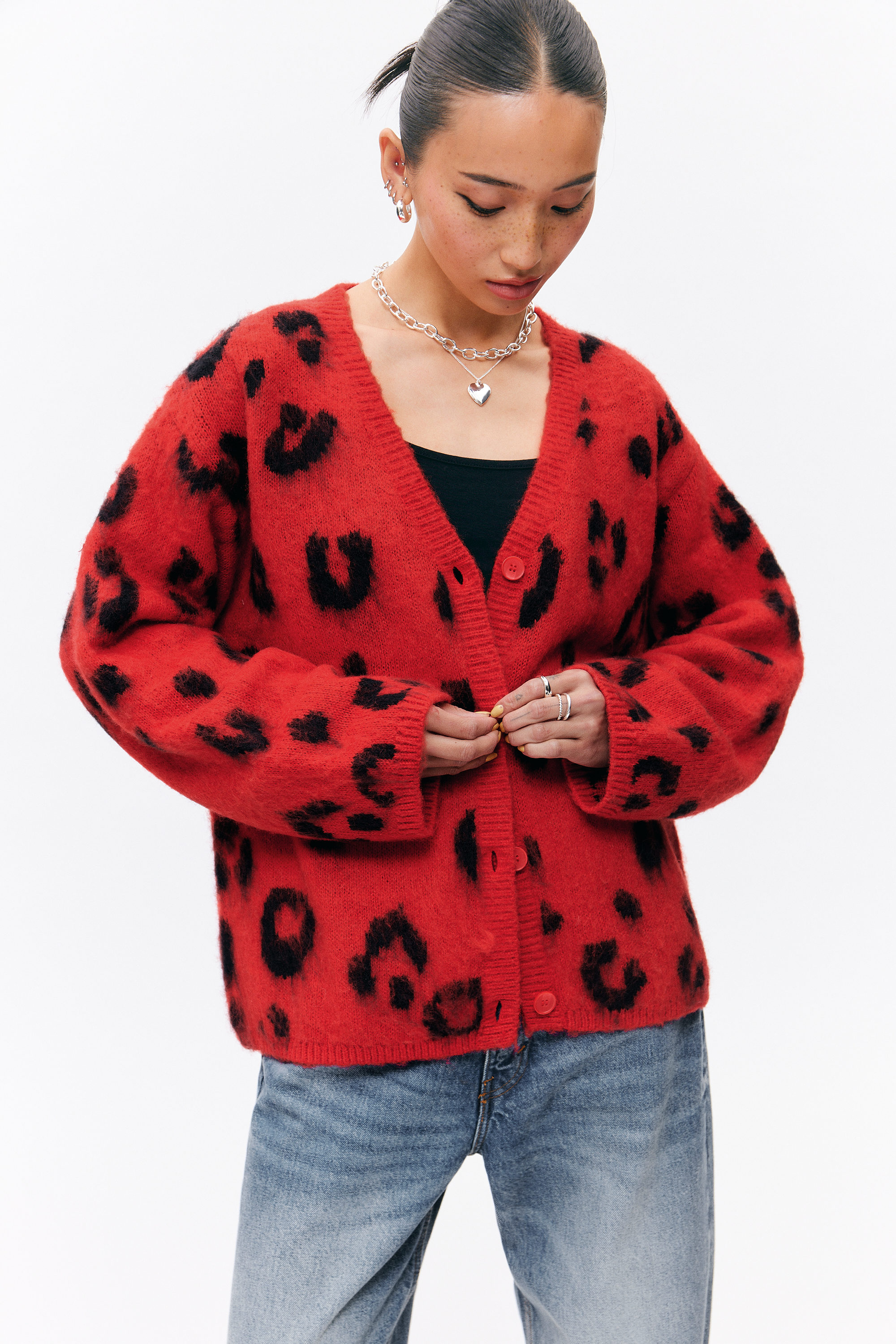 Red - Leopard - Fluffy knit cardigan - 2