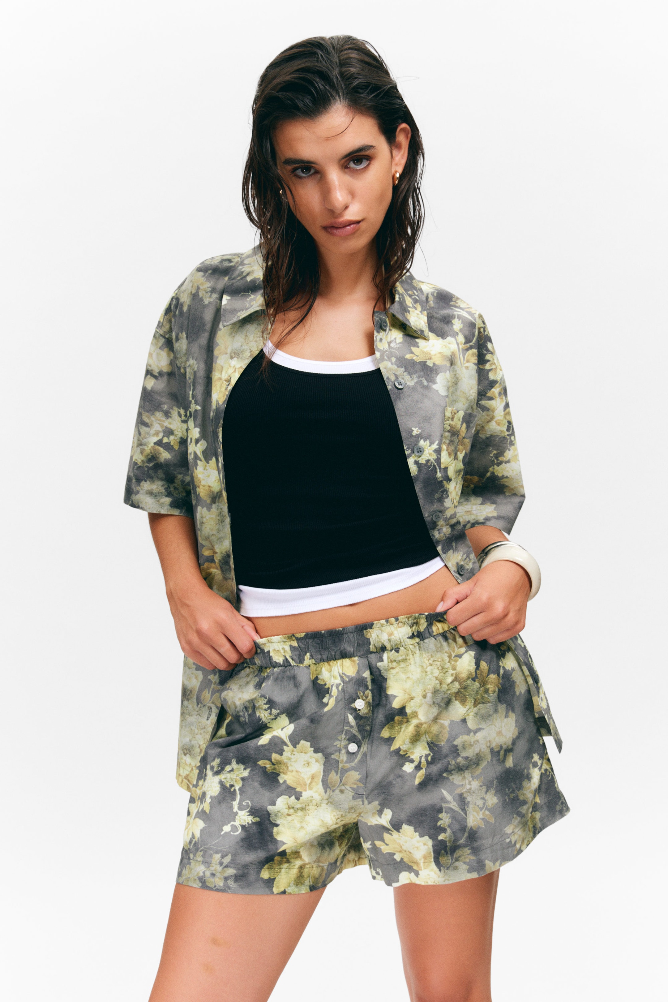 Dark Grey - Dirty Floral - Relaxed Cotton Boxer Shorts - 2