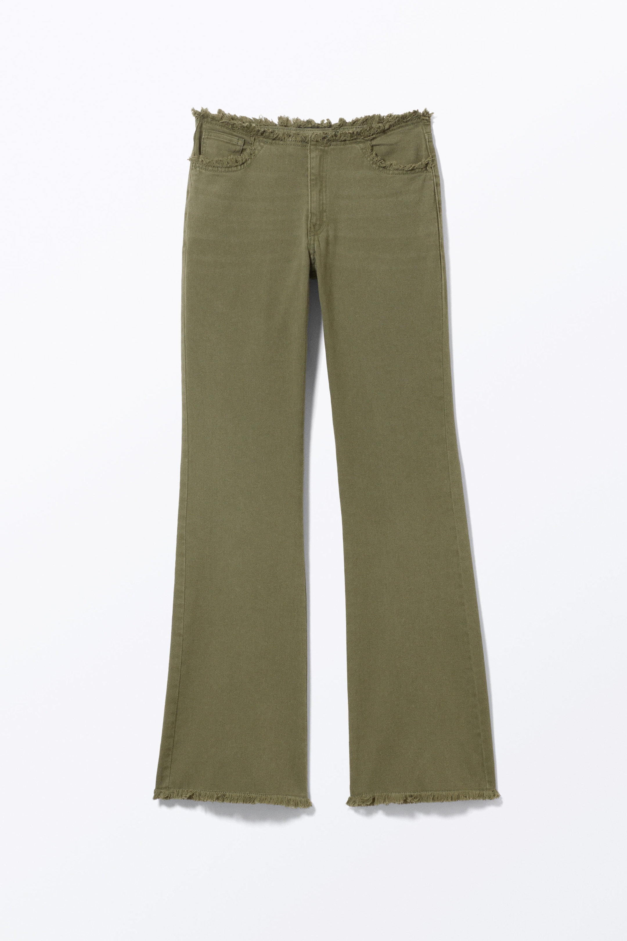 Dark Khaki Green - Frayed Low Waist Twill Trousers - 0
