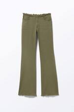 Dark Khaki Green - Frayed Low Waist Twill Trousers - 0