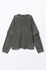 Washed Black - Long-Sleeved Double-Layered Oversized T-shirt - 0
