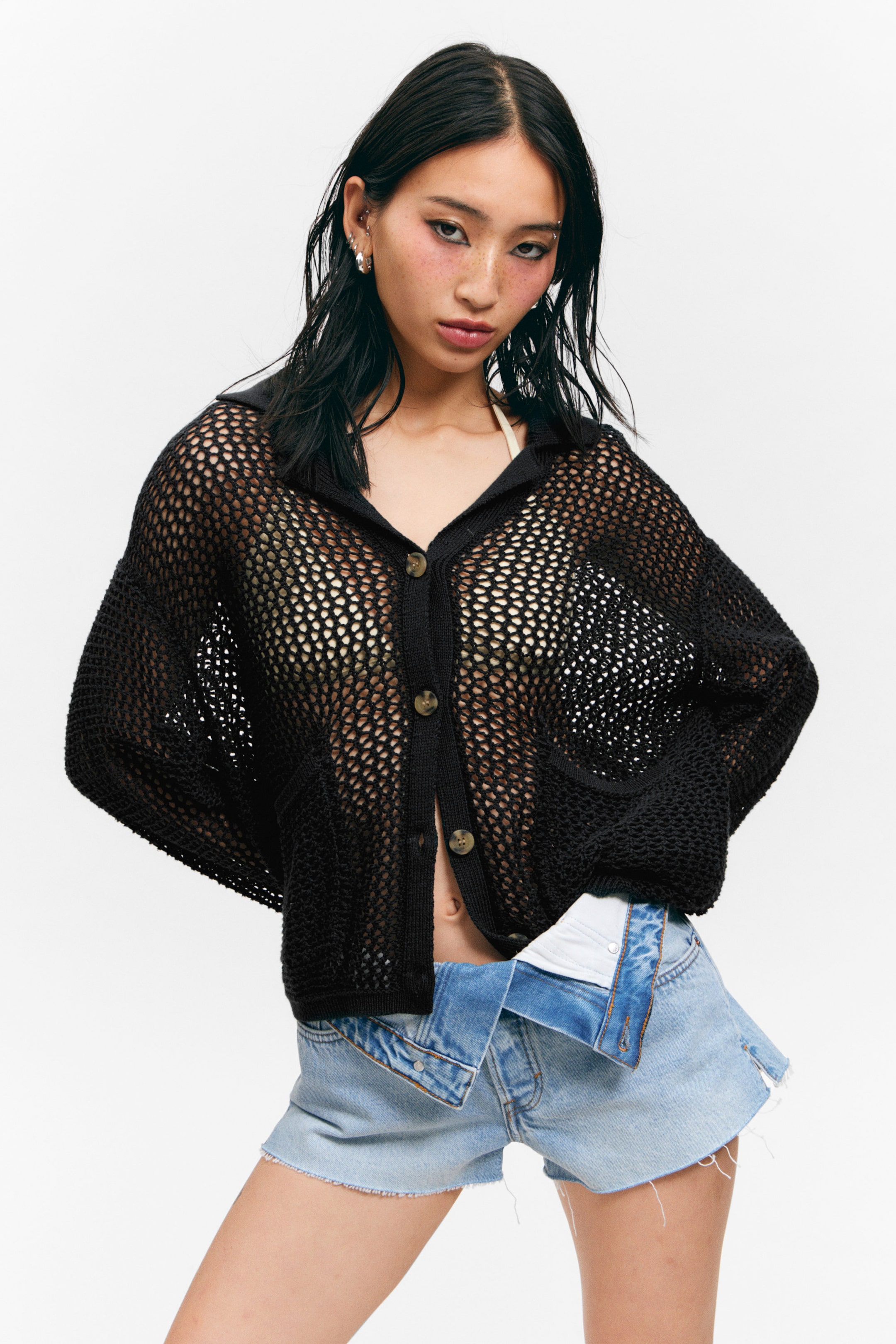 Black - Open-Knit Button-Up Cardigan - 1