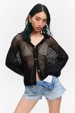 Black - Open-Knit Button-Up Cardigan - 0