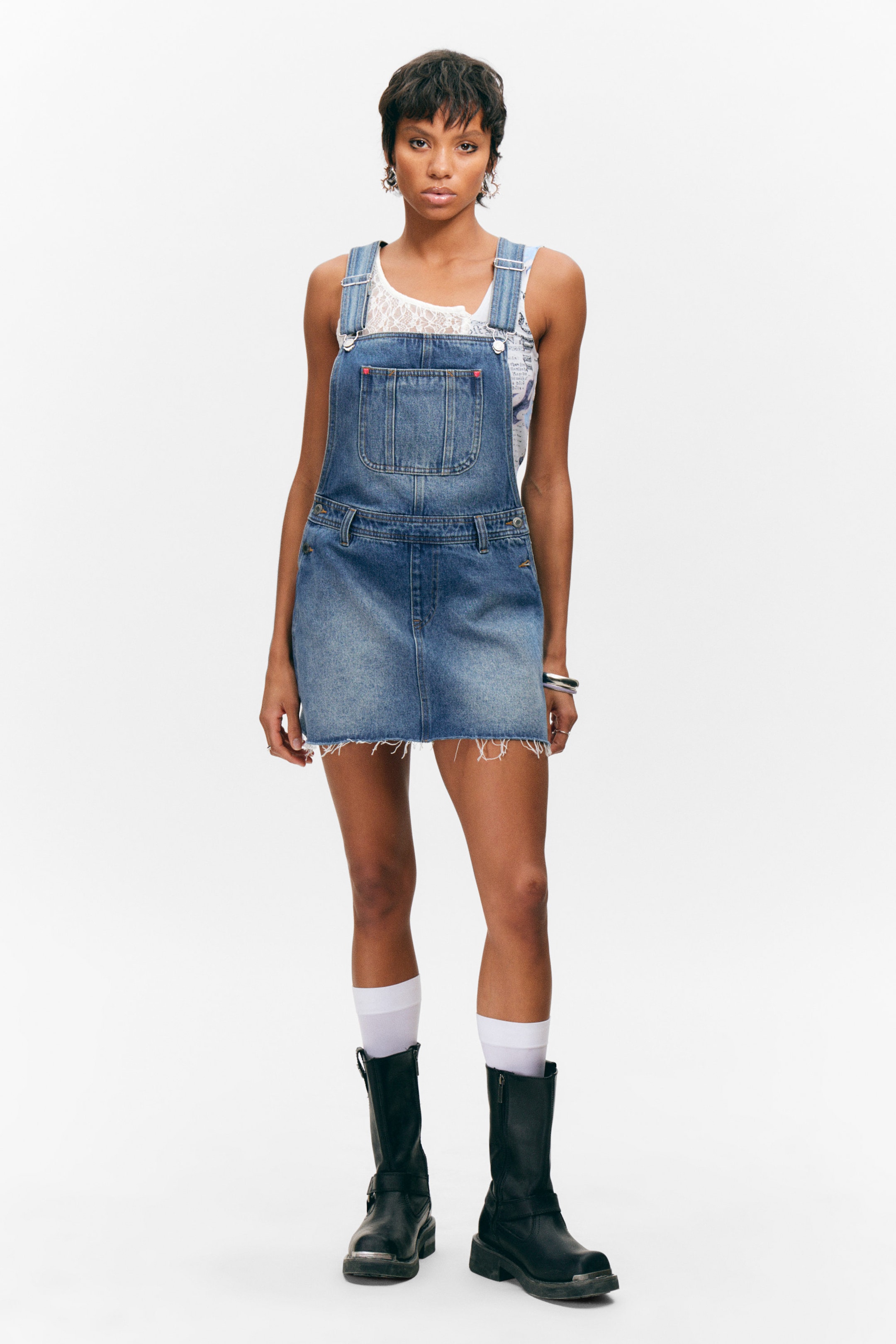 Sunset Blue - Medium Blue - Denim Dungaree Mini Dress - 1