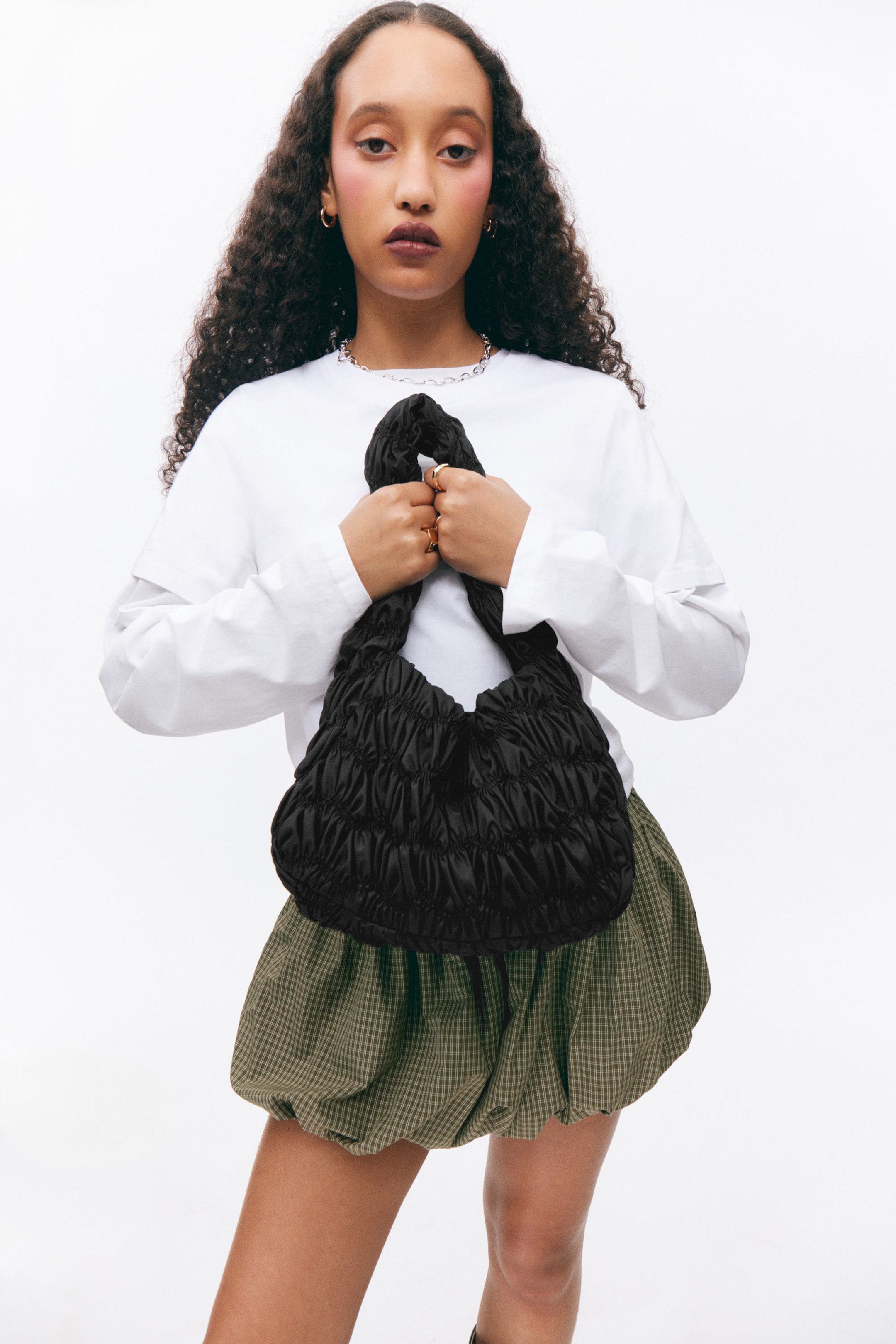 Black - Smocked Rectangular Shoulder Bag - 1