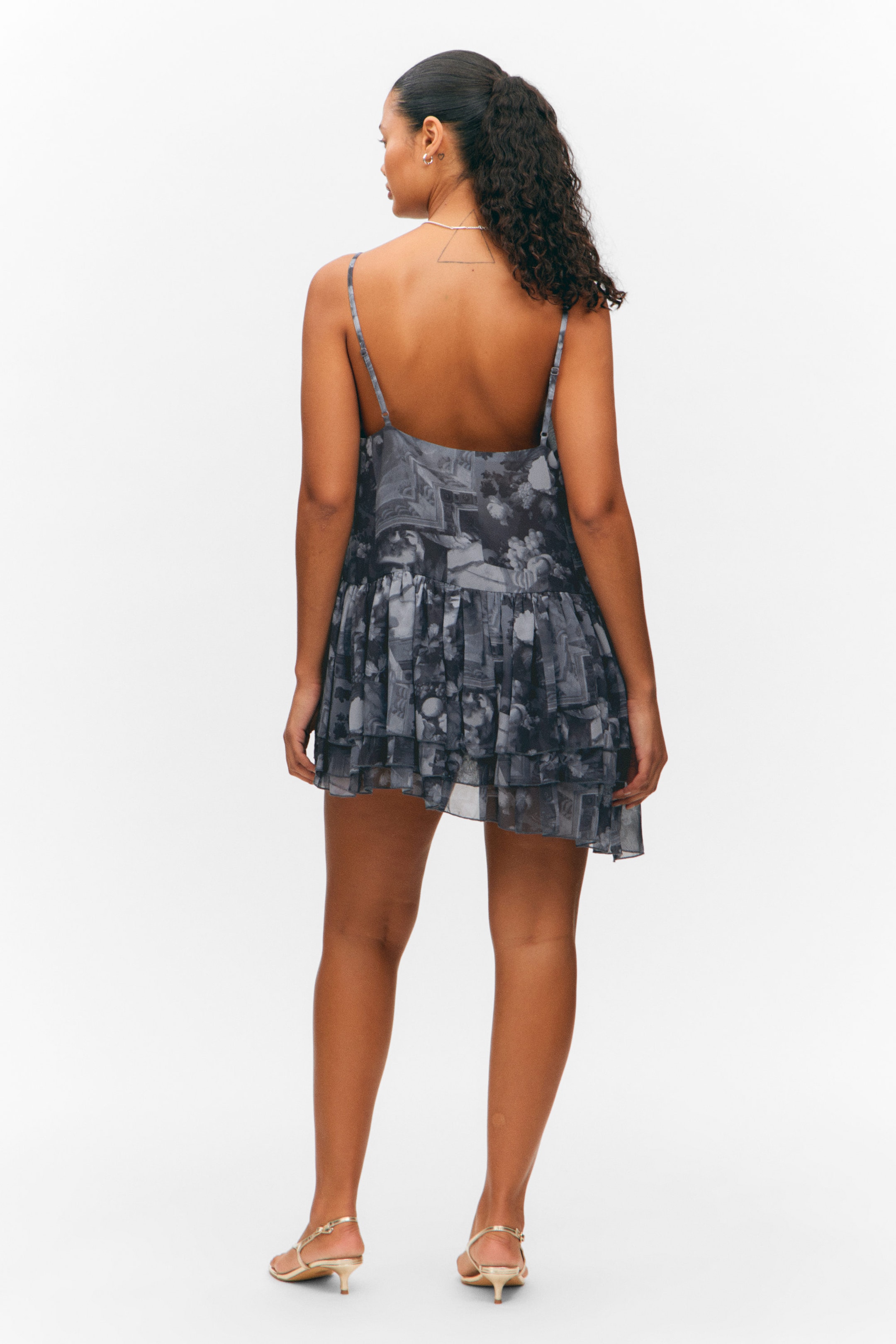 Dark Grey - Baroque Collage - Layered Ruffled Mini Cami Dress - 3