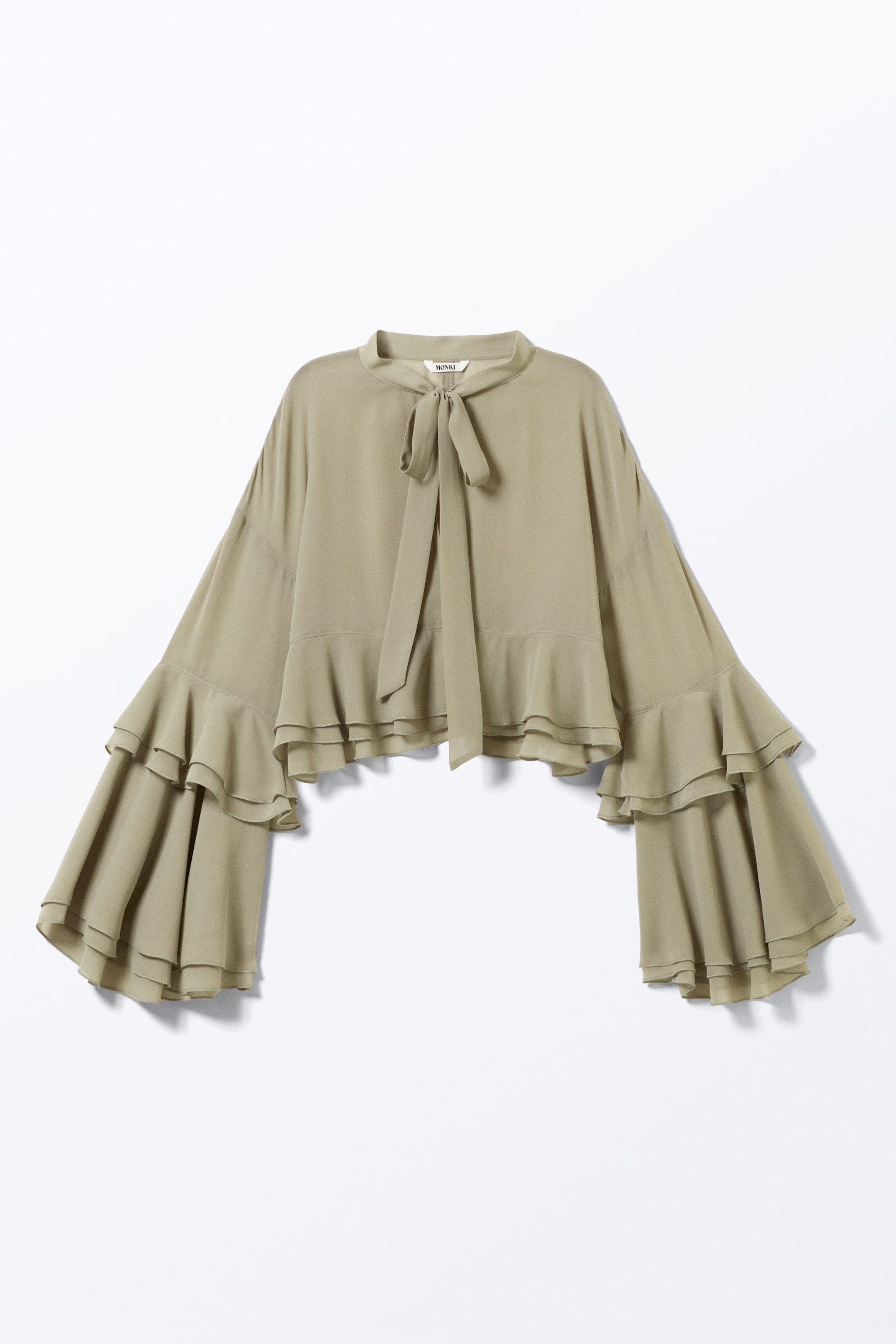 Khaki Green - Flared Frill-Sleeved Tie-Neck Blouse - 4
