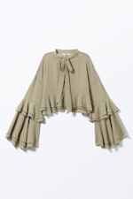 Khaki Green - Flared Frill-Sleeved Tie-Neck Blouse - 4