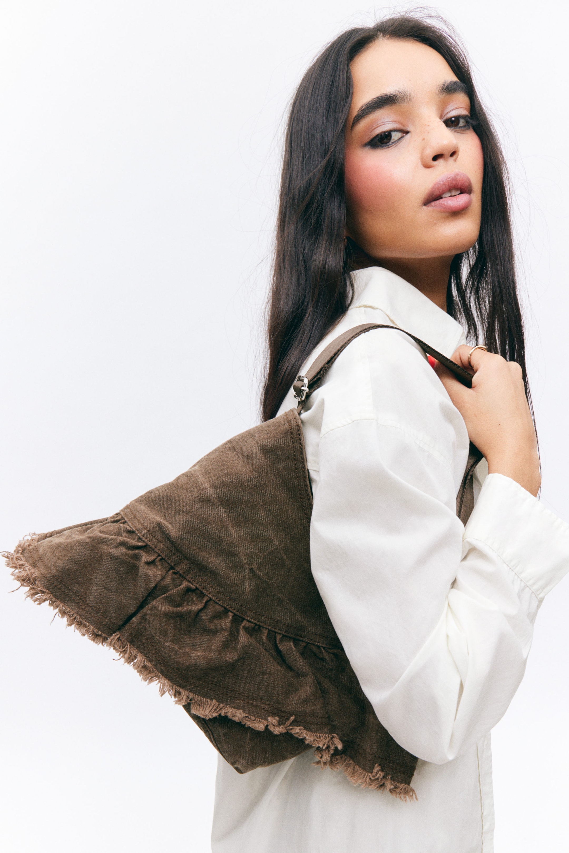 Washed Dark Brown - Frilled Cotton Canvas Handbag - 1
