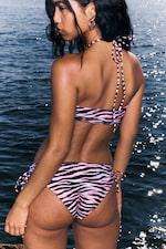 Pink - Tiger Stripes - Drawstring Bandeau Halter Bikini Top - 2