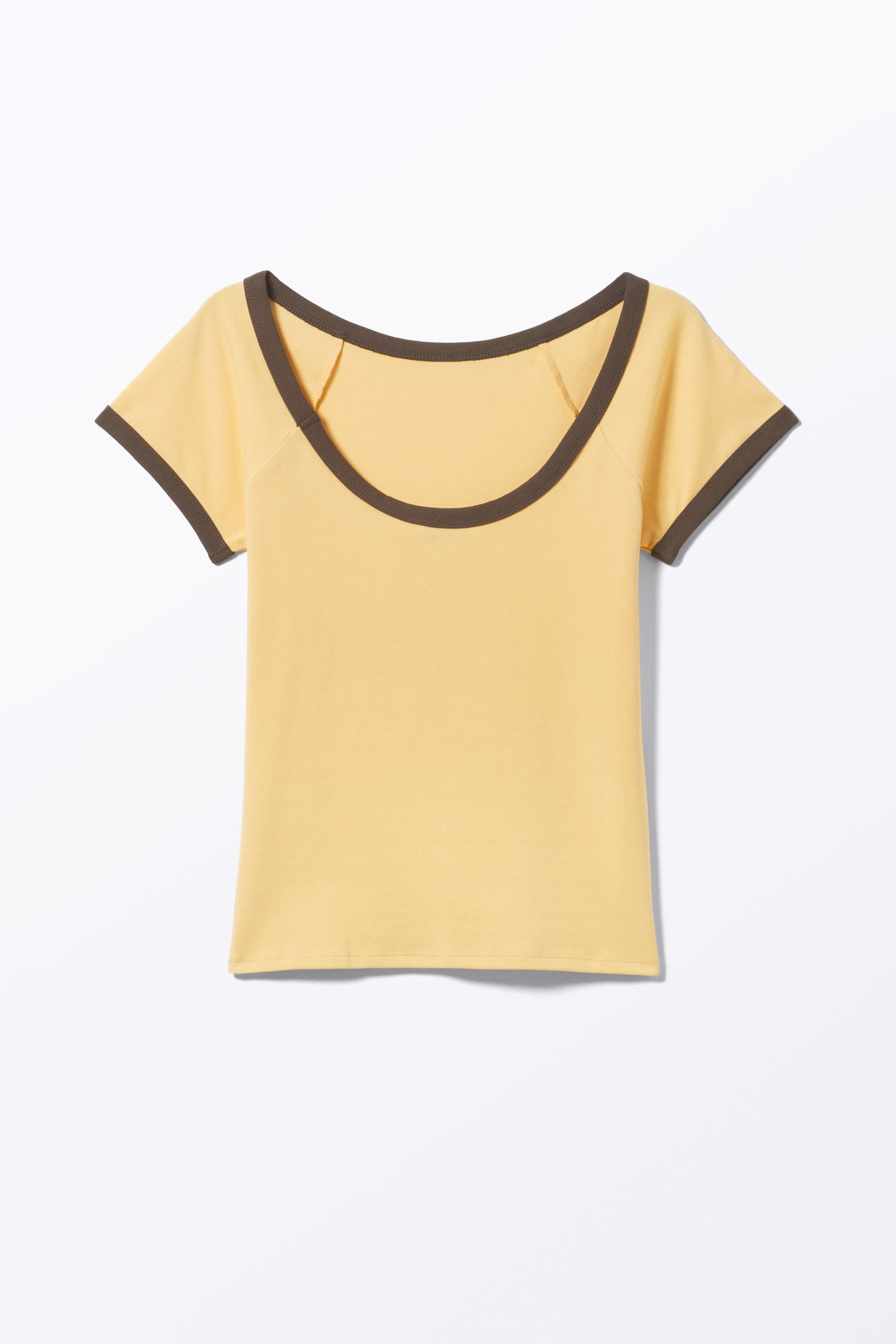 Yellow - Brown Binding - Short-Sleeved Cowl Neck Top - 4
