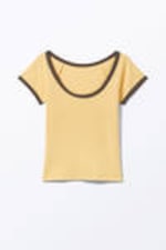 Yellow - Brown Binding - Short-Sleeved Cowl Neck Top - 4