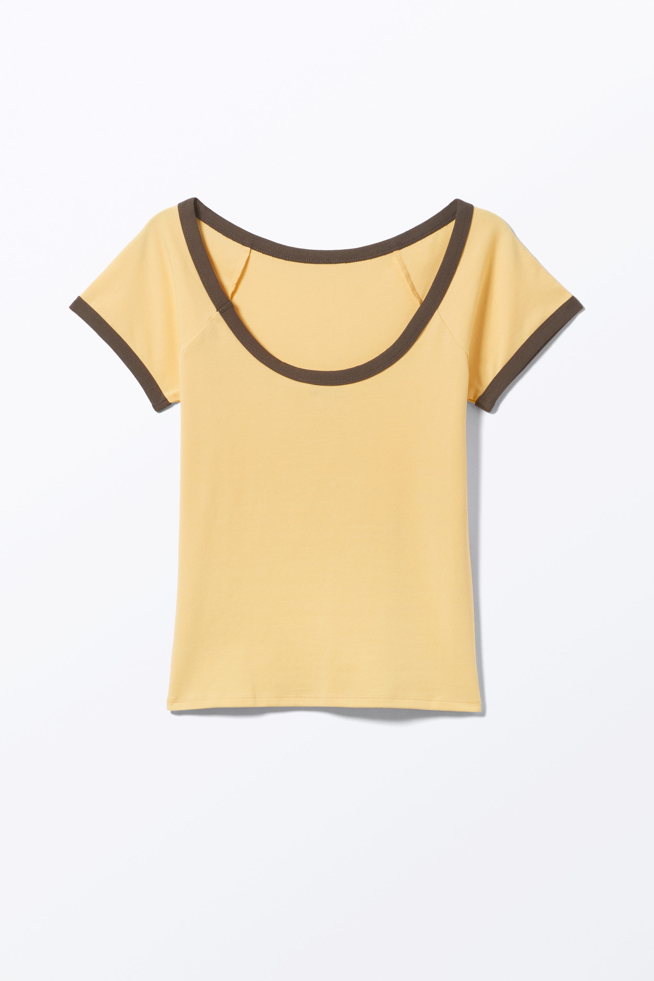 Yellow - Brown Binding - Short-Sleeved Cowl Neck Top - 1
