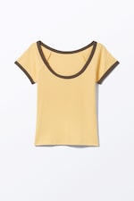 Yellow - Brown Binding - Short-Sleeved Cowl Neck Top - 1