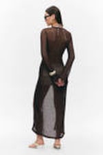 Dark Brown - Open-Knit V-neck Maxi Cardigan - 3