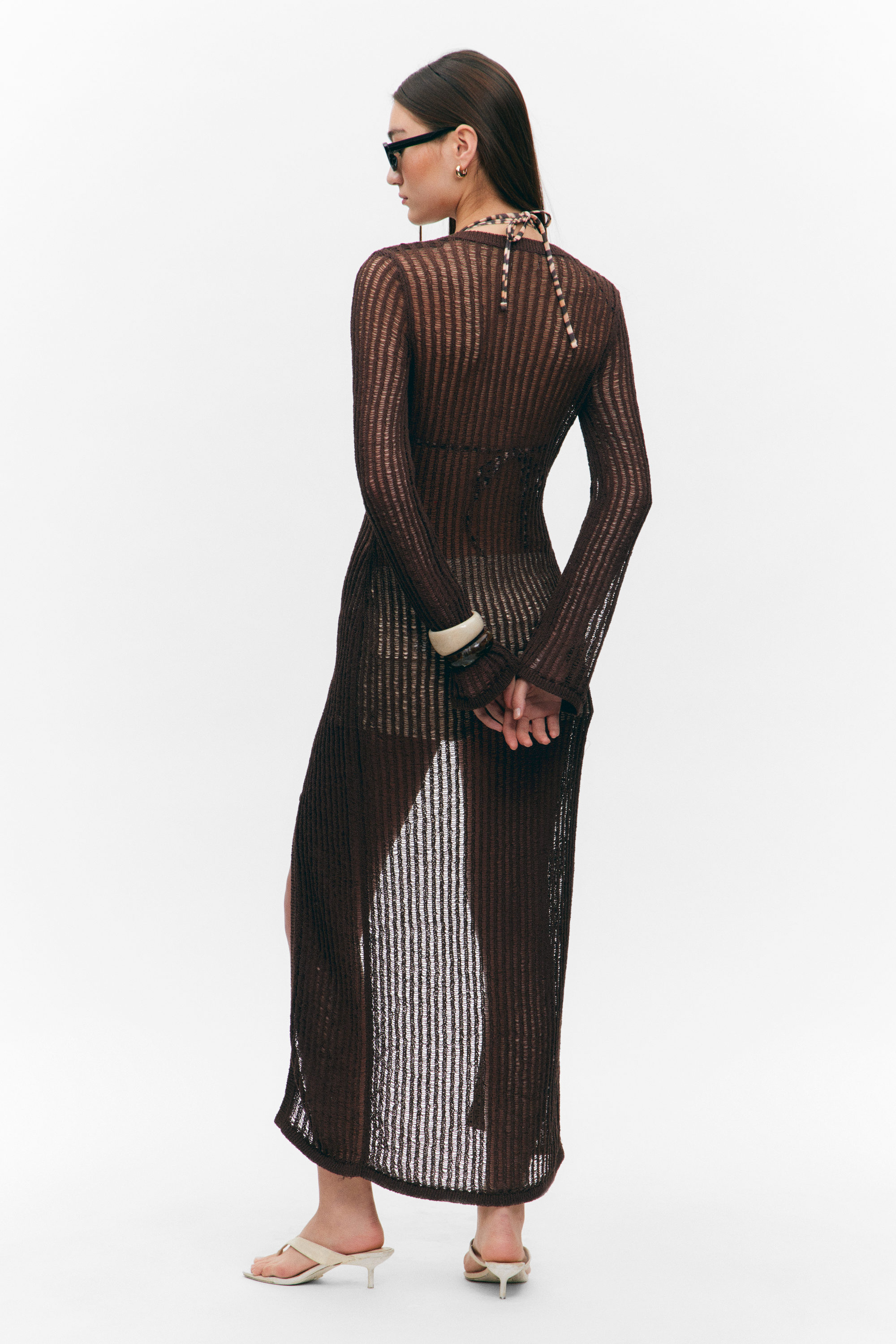 Dark Brown - Open-Knit V-neck Maxi Cardigan - 3