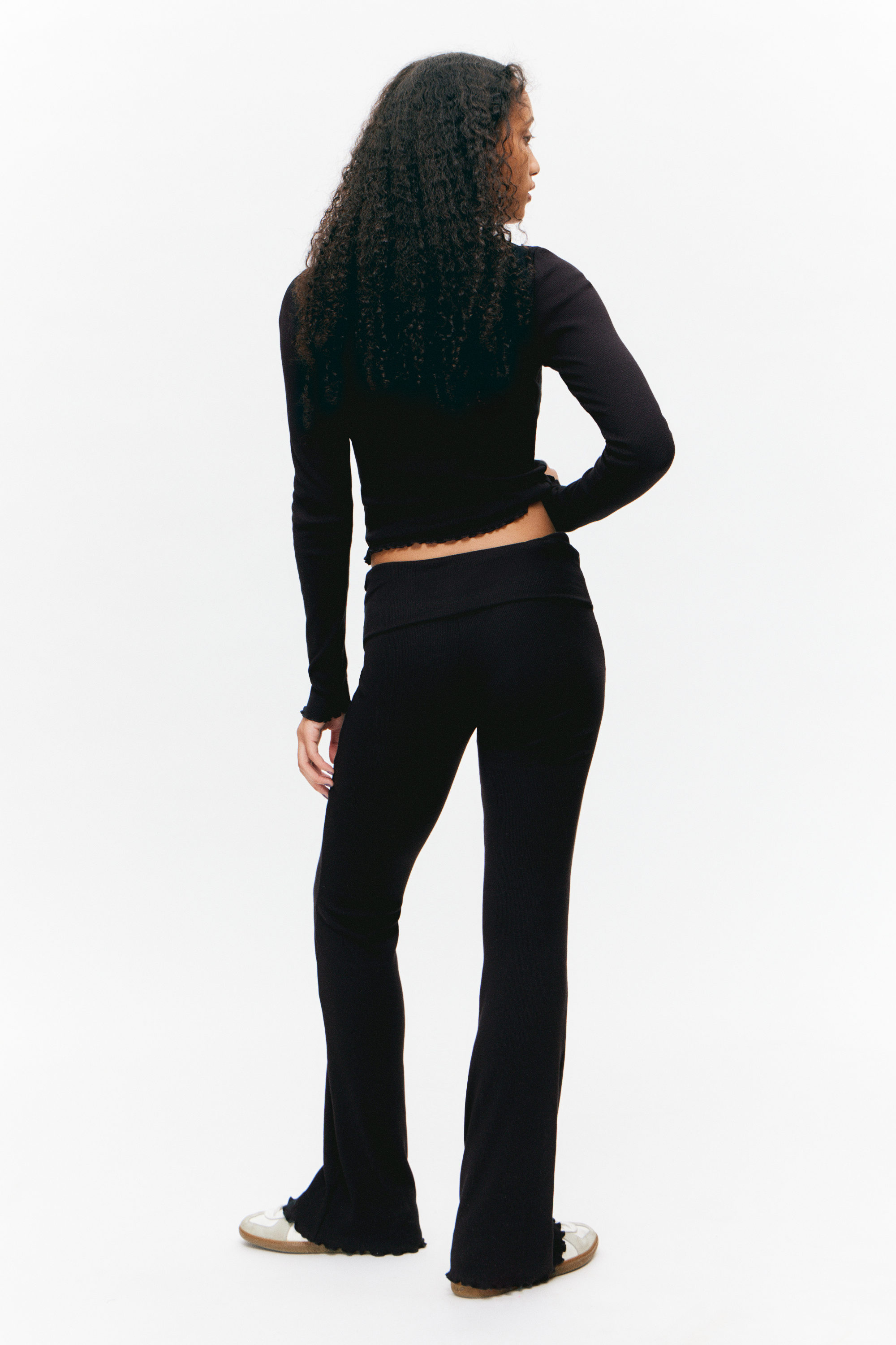 Black - Ribbed Fold-over Waist Flared Trousers - 2