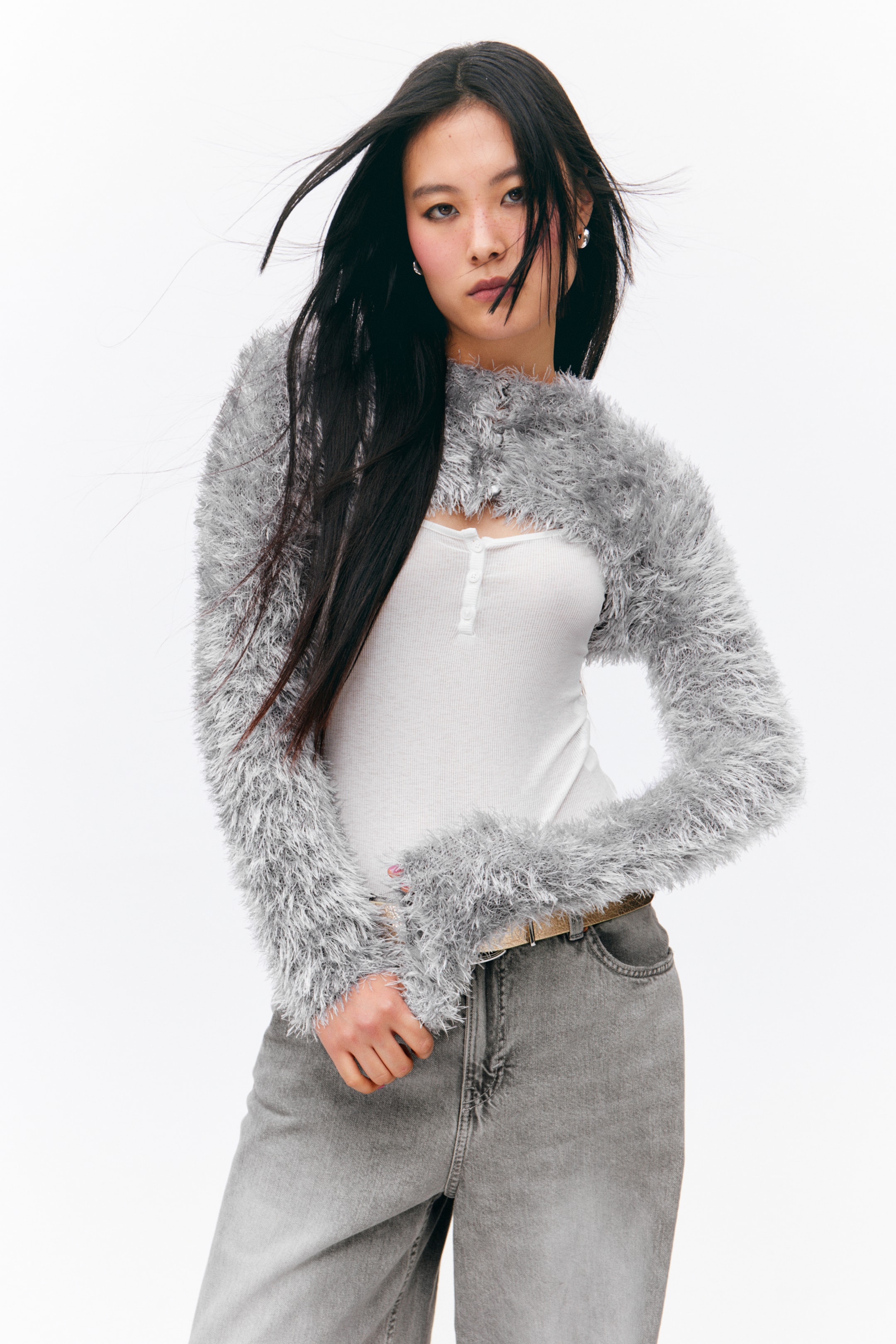 Ingrandisci l'immagine: Hairy Knitted Bolero Cardigan - Light Dusty Grey - DONNA | H&M CH 1