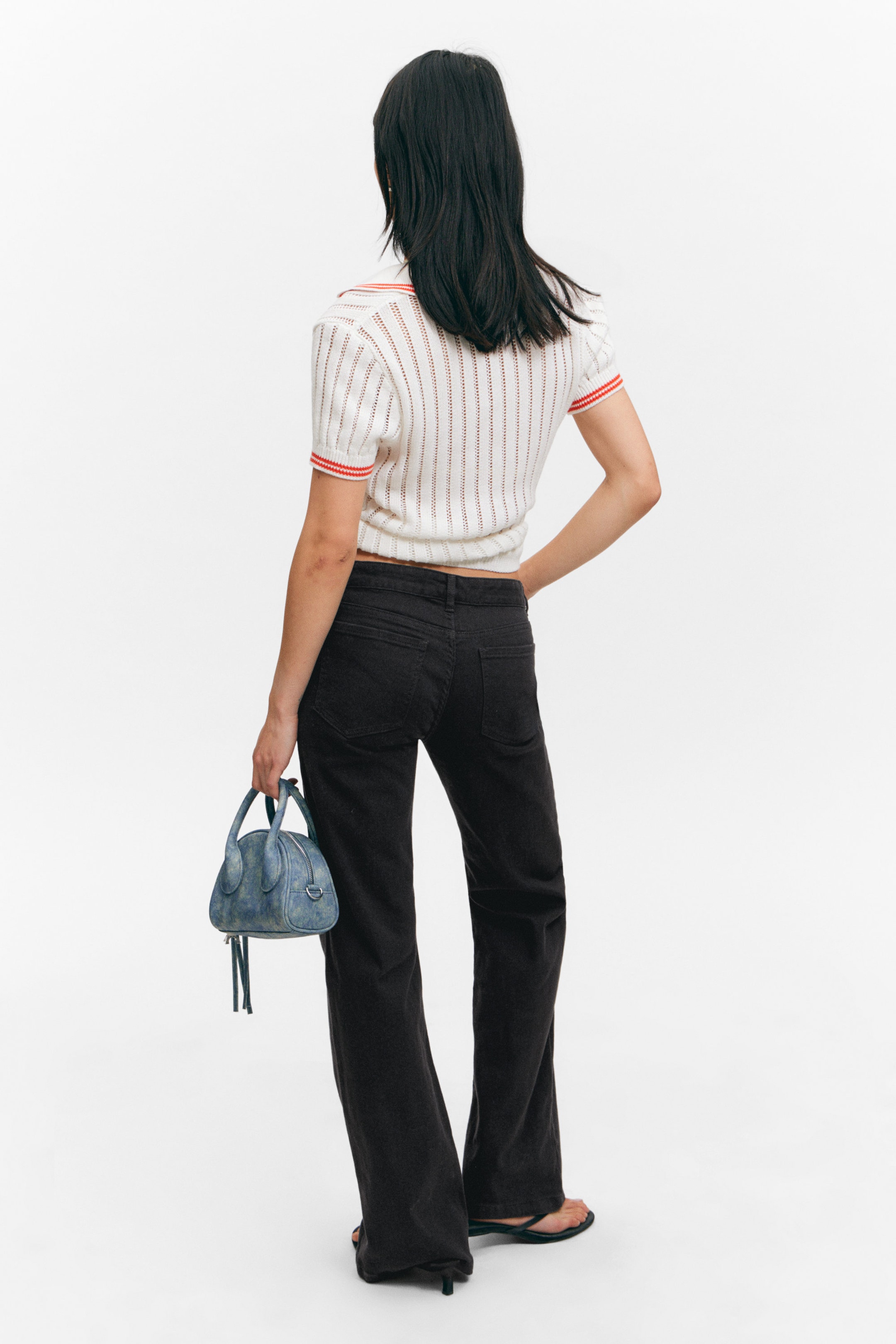 Black - Low Waisted Bootcut Twill Trousers - 3