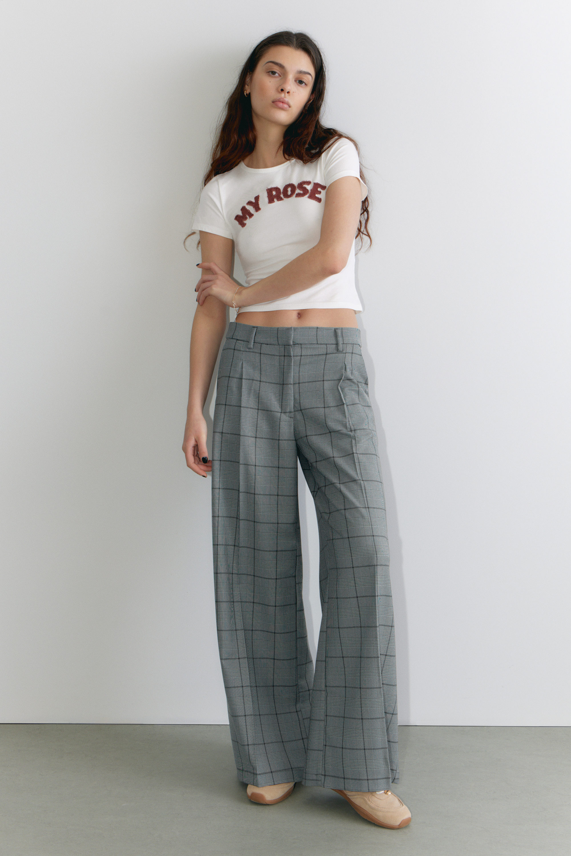 Checked Grey - Pleated High Waist Wide Leg Suiting Trousers - 1