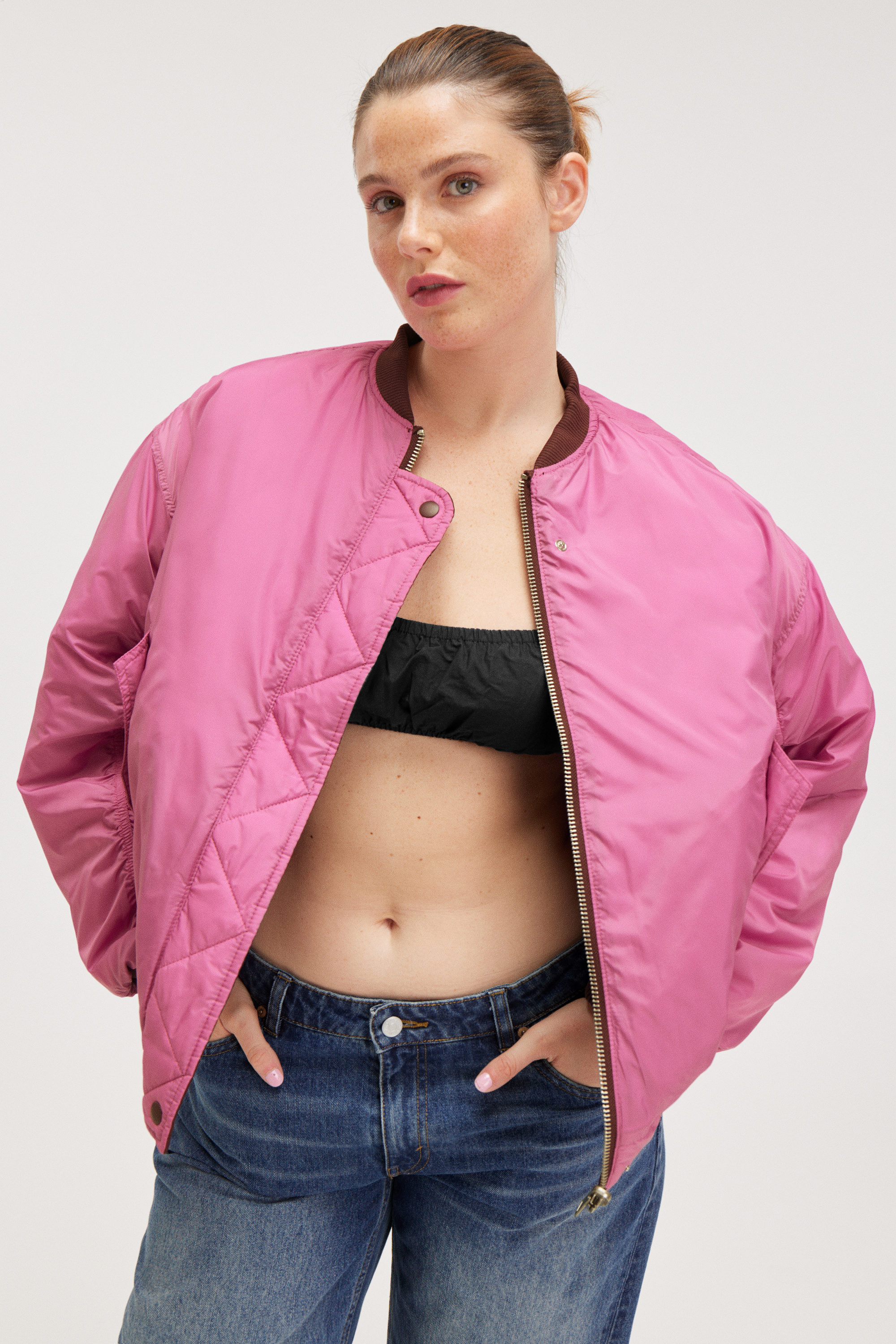 Dark Red/Hot Pink - Loose Reversible Bomber Jacket - 3