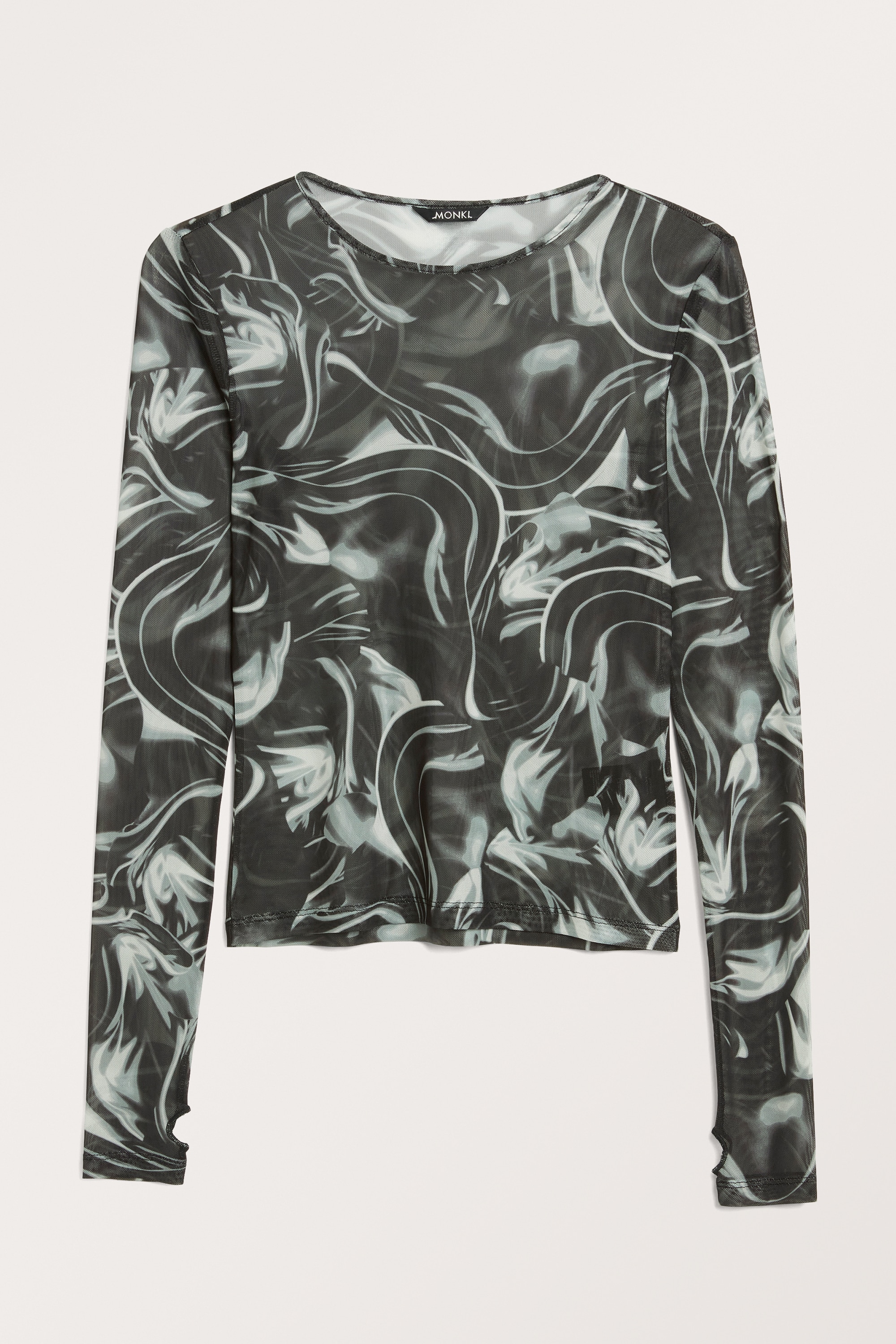 Long sleeve mesh top with thumbholes Black white water swirls