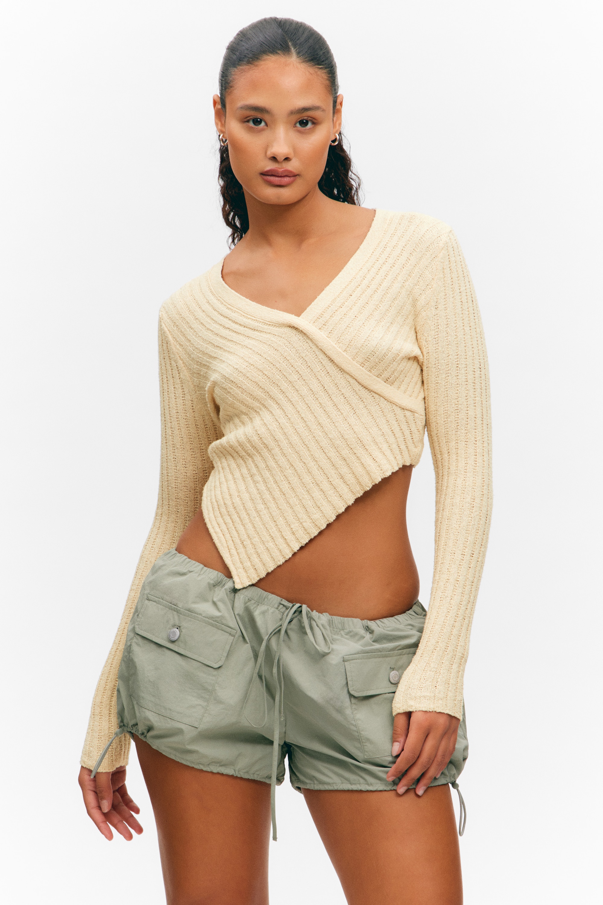 Knitted Wrap-shaped Asymmetric V-neck Sweater - Light Dusty Beige/Yellow/Dark Khaki Green