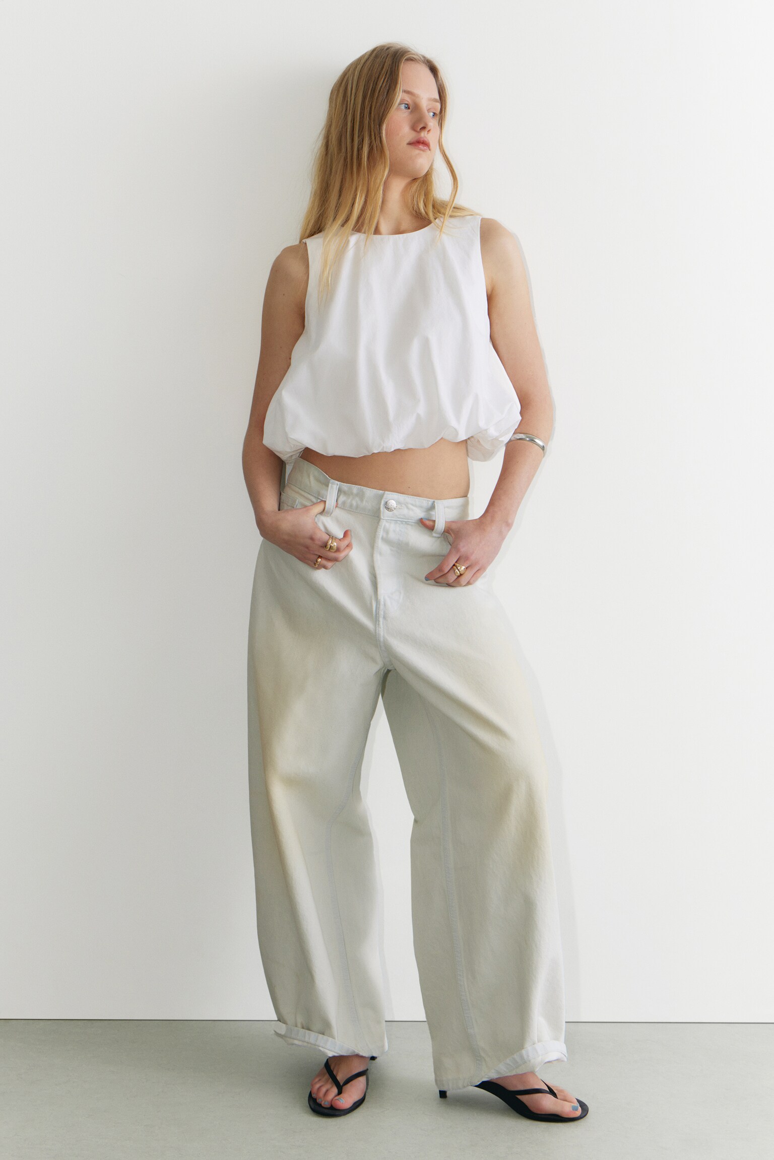 Balloon Hem Sleeveless Poplin Top - White/Light Yellow/Khaki Green - 4