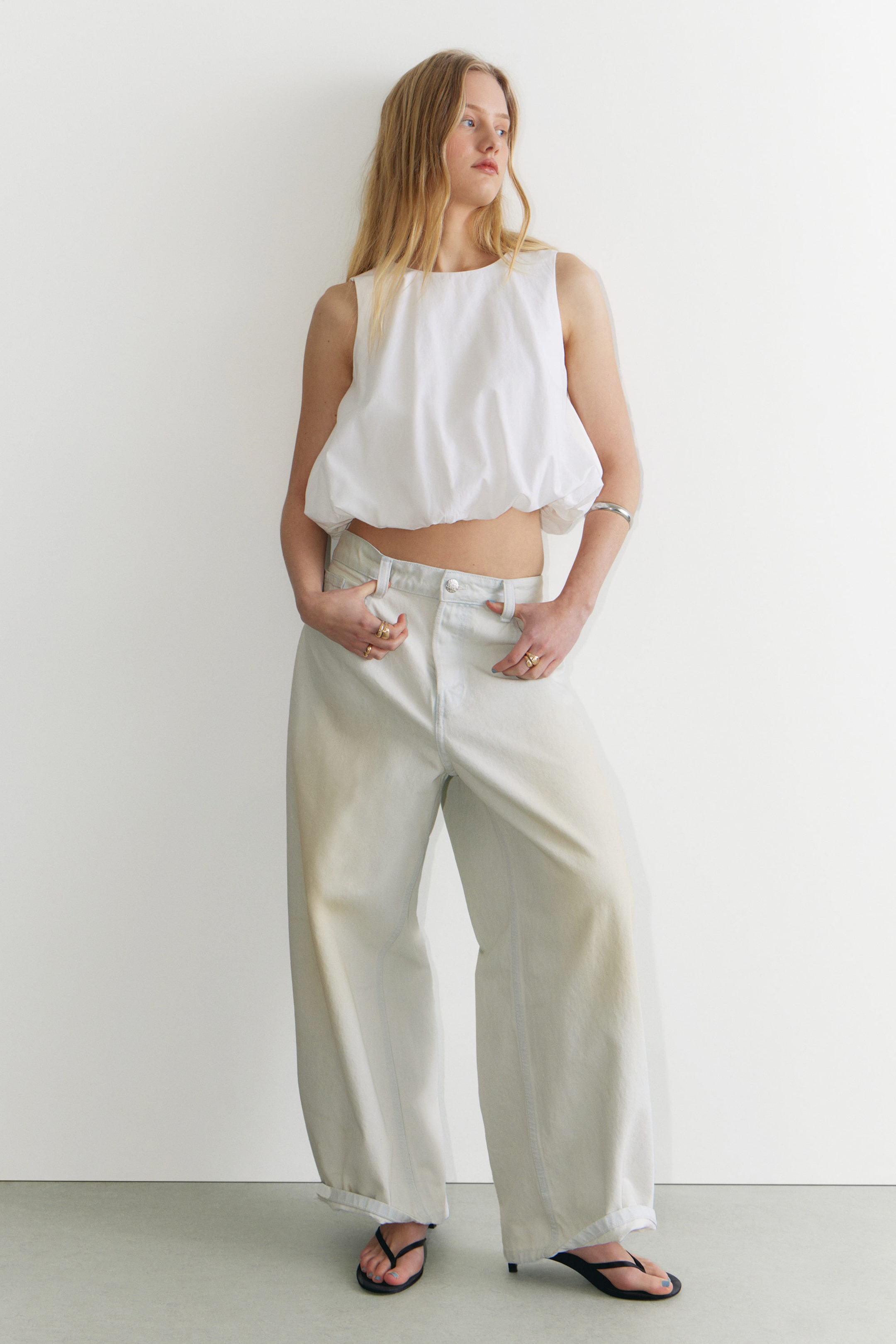 White - Balloon Hem Sleeveless Poplin Top - 2