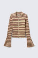 Brown Stripes - Flare-Sleeved Rib-Knitted Cardigan - 3