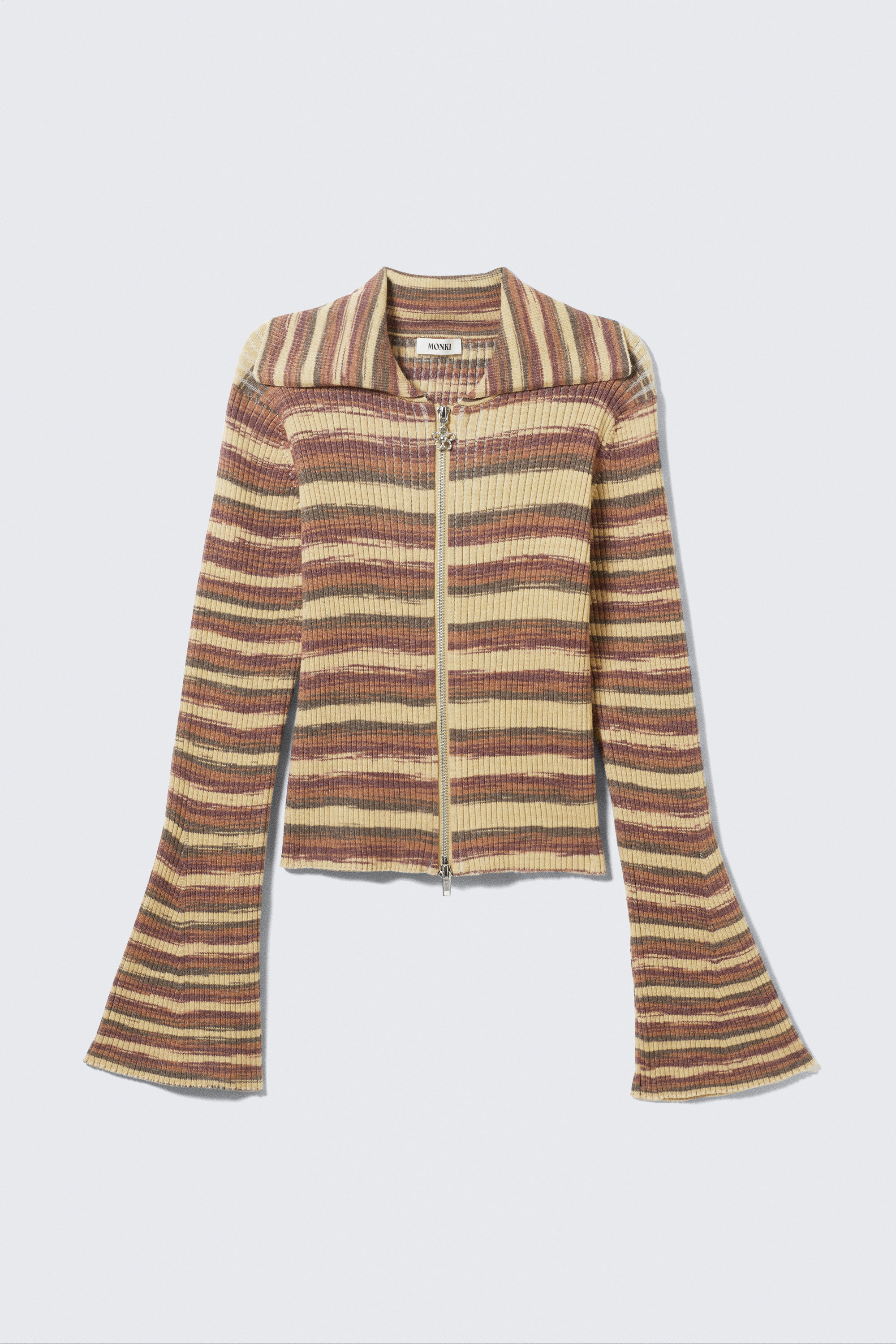 Brown Stripes - Flare-Sleeved Rib-Knitted Cardigan - 3